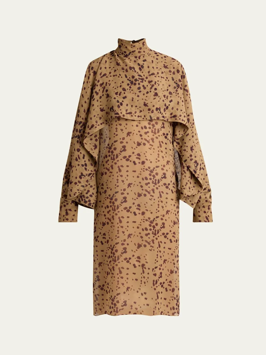 Orchid Print Silk Cape Midi Dress - 1