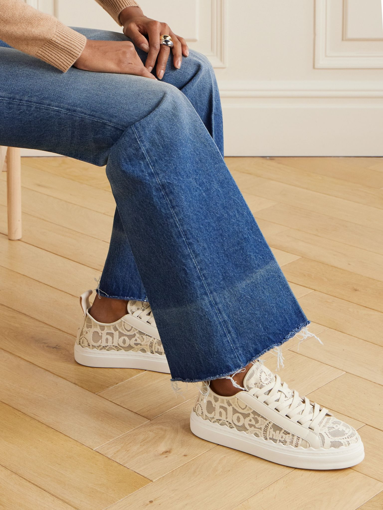Lauren scalloped lace, leather and canvas sneakers Off-white - 2