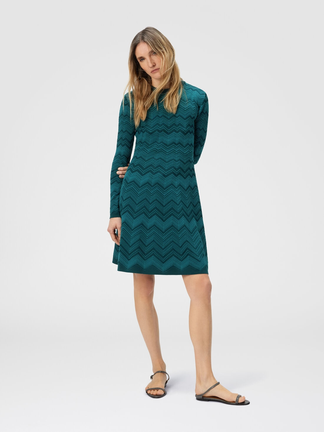 Long Sleeve Short Dress with Chevron Pattern - 2
