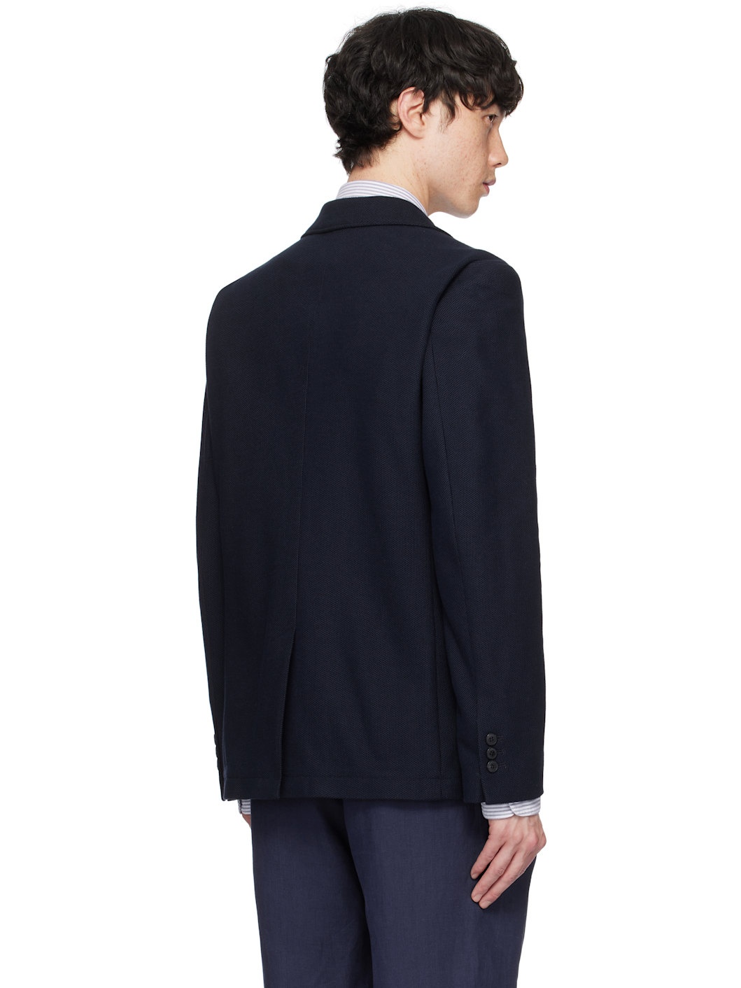 Navy Piqué Unstructured Blazer - 3