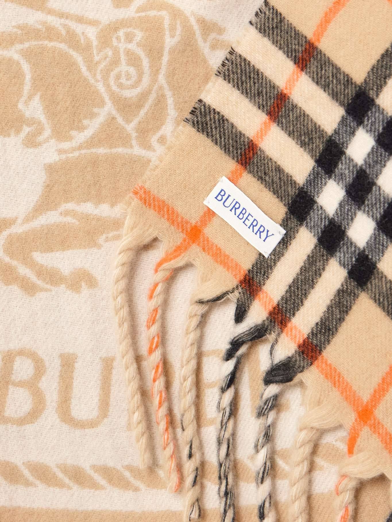 Fringed checked jacquard-knit cashmere scarf Sand - 3