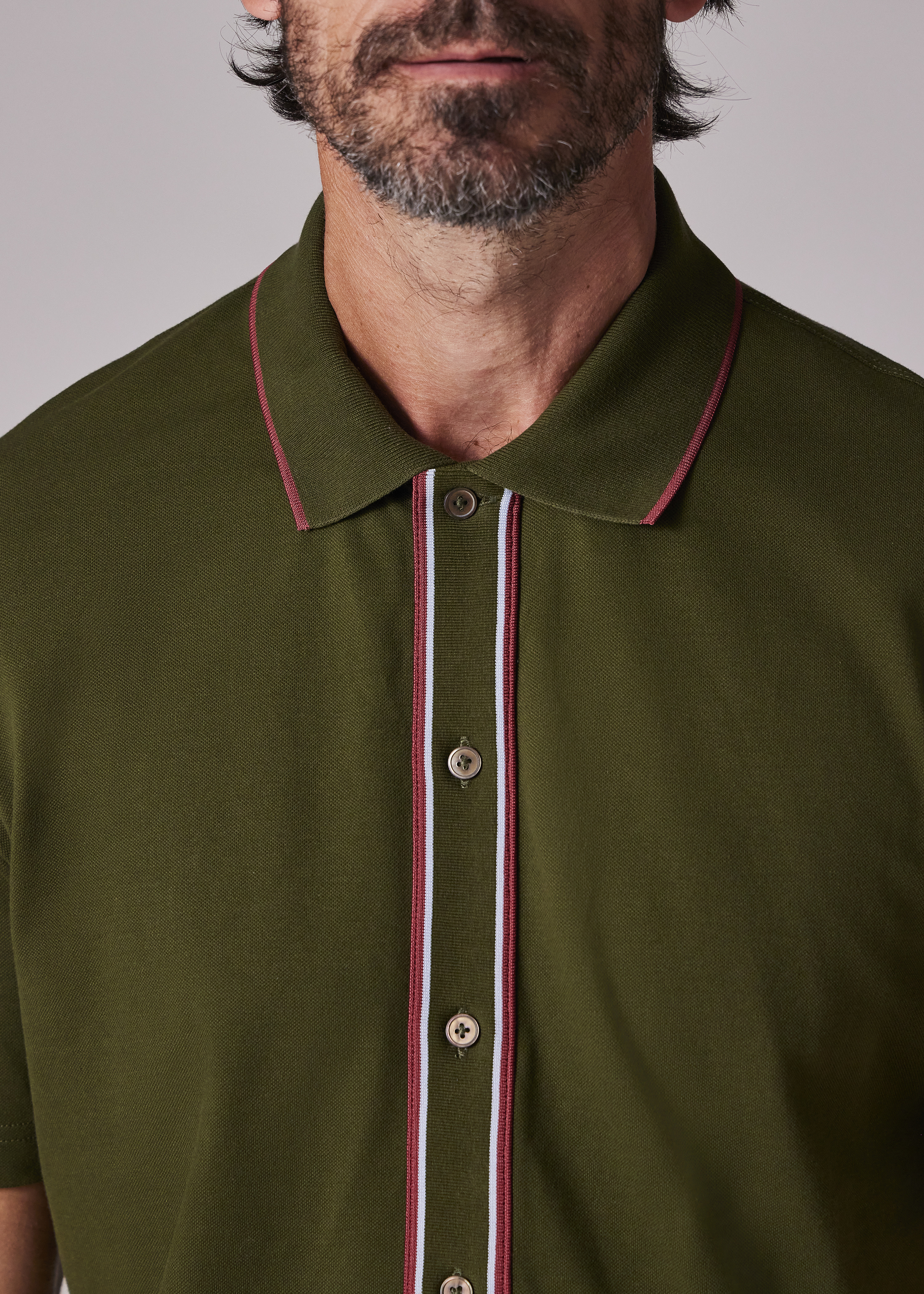 Khaki Green Button-Front Stretch-Cotton Polo Shirt - 5