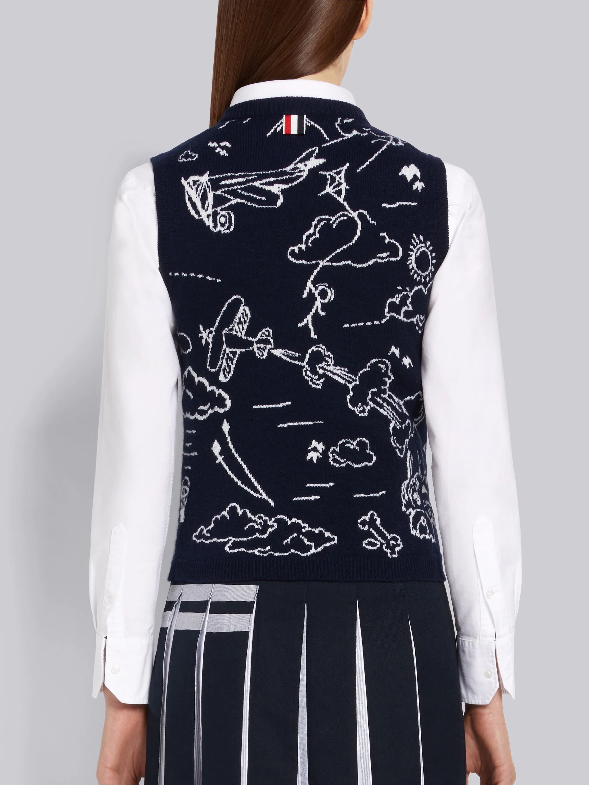 Navy Sky Toile Intarsia Cashmere Silk Lined Shell Top - 3