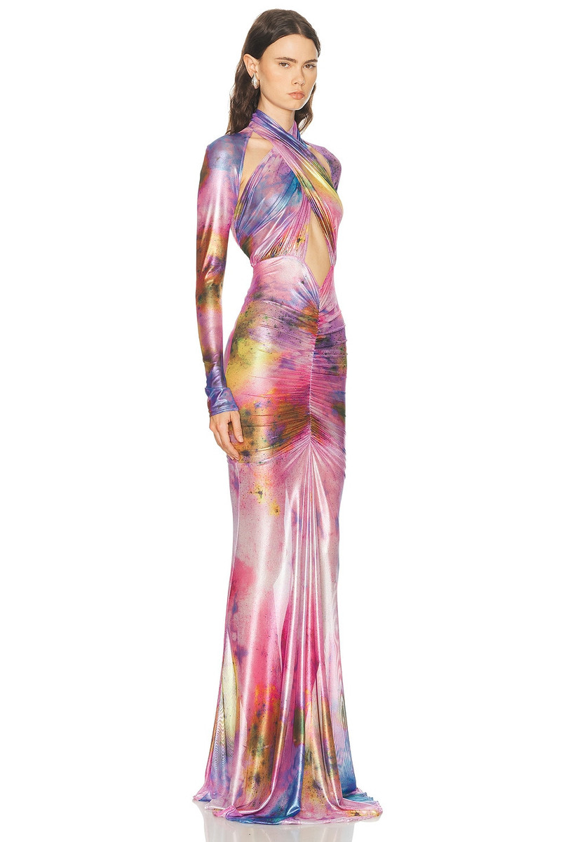 Printed Metallic Mesh Halter Ruched Gown 2