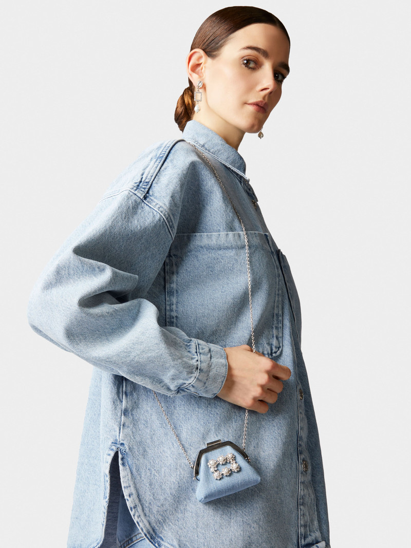 Flower Strass Pearl Buckle Coin Purse in Denim 7