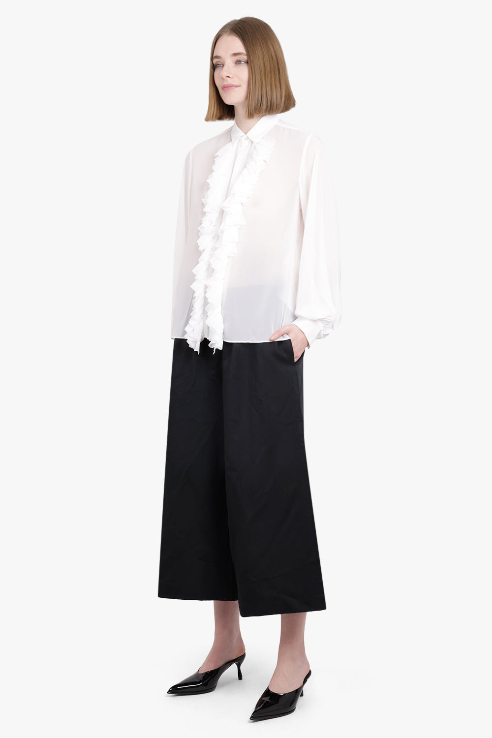 SHEER RUFFLE DETAIL L/S SHIRT | WHITE - 3