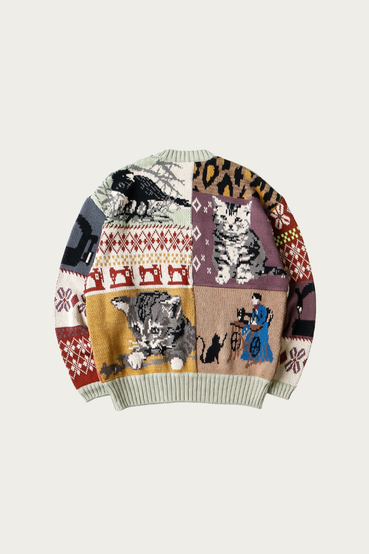 5G Cotton Knit Patchwork BIG Crew Sweater(Cat&Raven) - Mint - 2