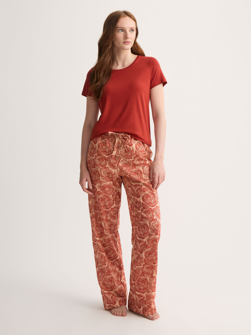 Derek Rose Women's Lounge Pants Cotton Batiste Rustic Red & Peach Rose Print outlook