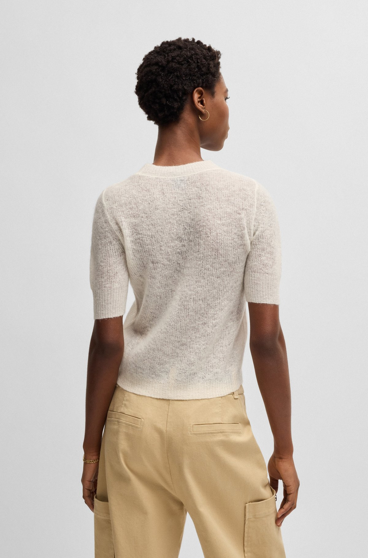 CROPPED-SLEEVE KNITTED SWEATER IN TEXTURED WOOL - 4