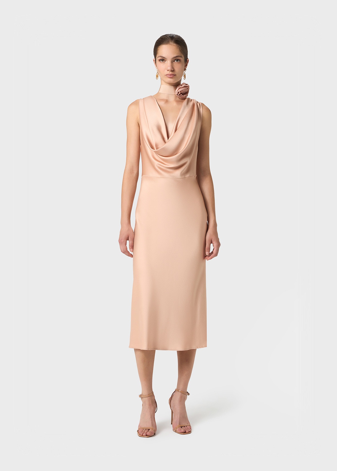 MIDI DRESS IN SHINY SATIN WITH DRAPED NECKLINE - 2