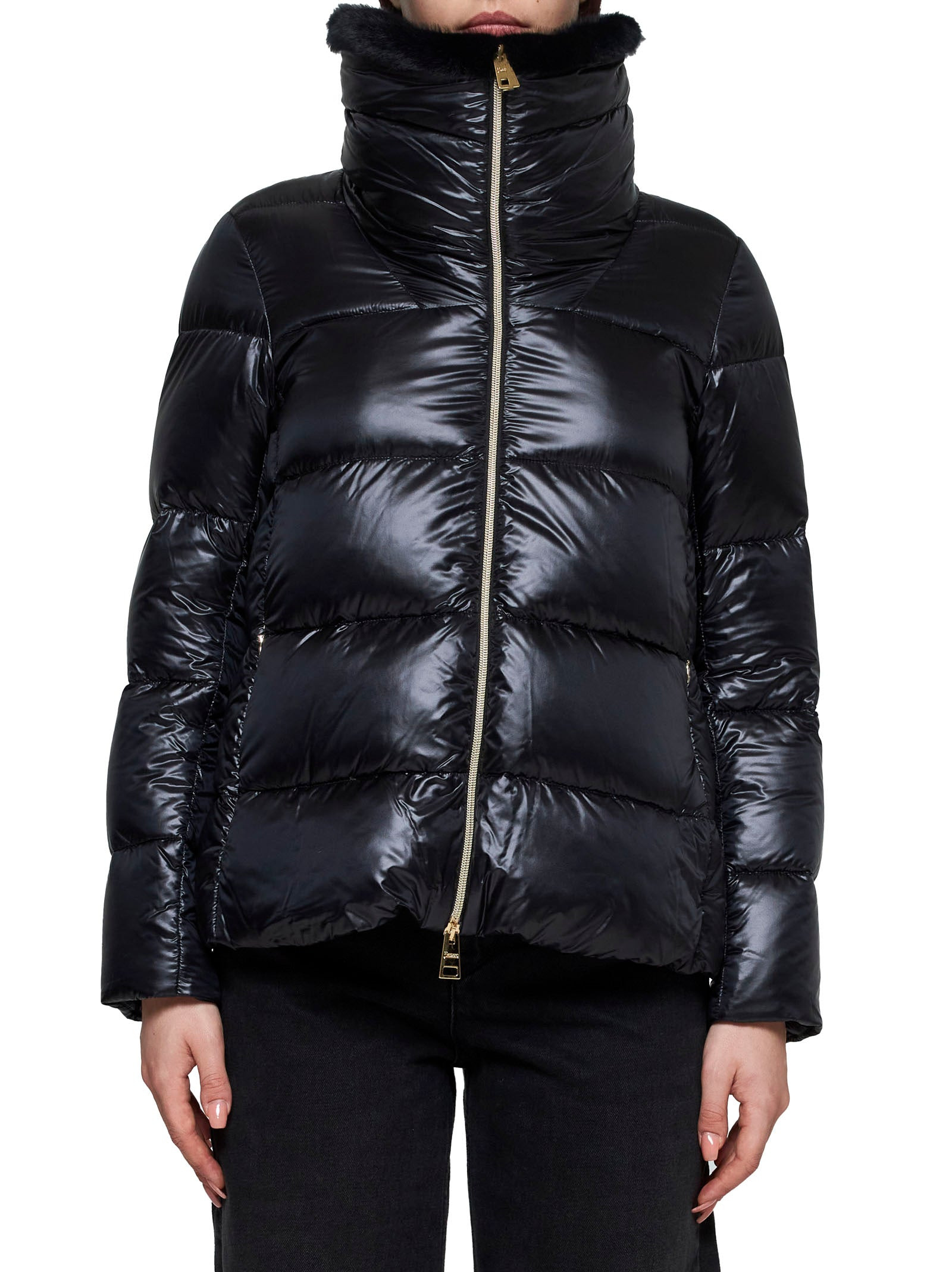 Faux fur and quilted nylon down bomber jacket - 2