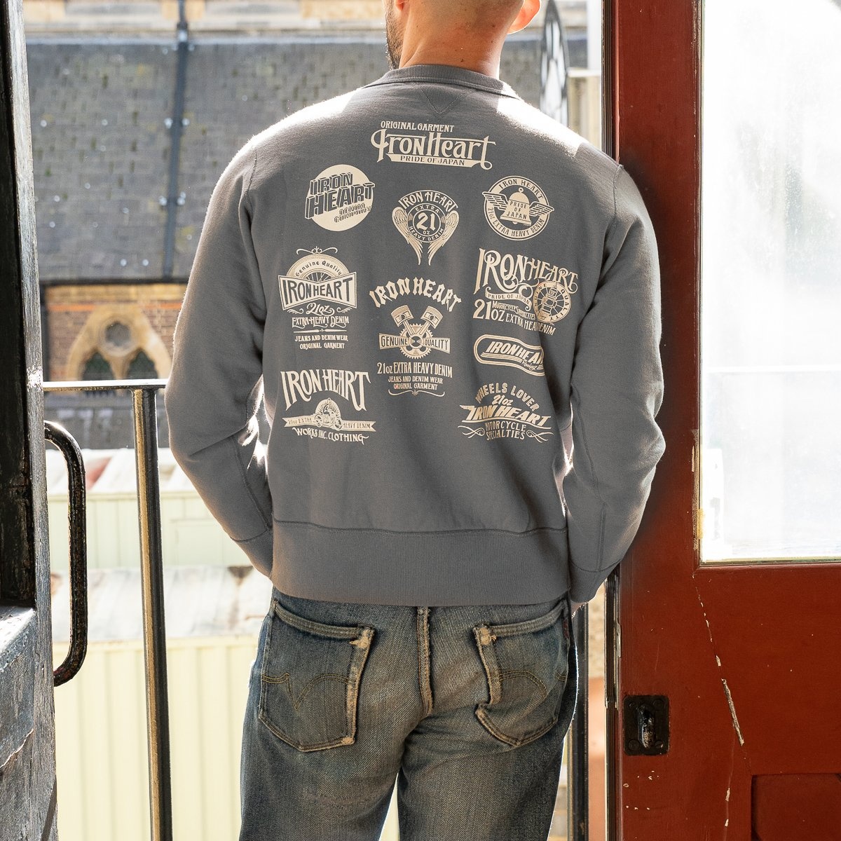IHSW-68-GRY Printed 14oz Ultra Heavyweight Loopwheel Cotton Crew Neck Sweat - Grey - 4