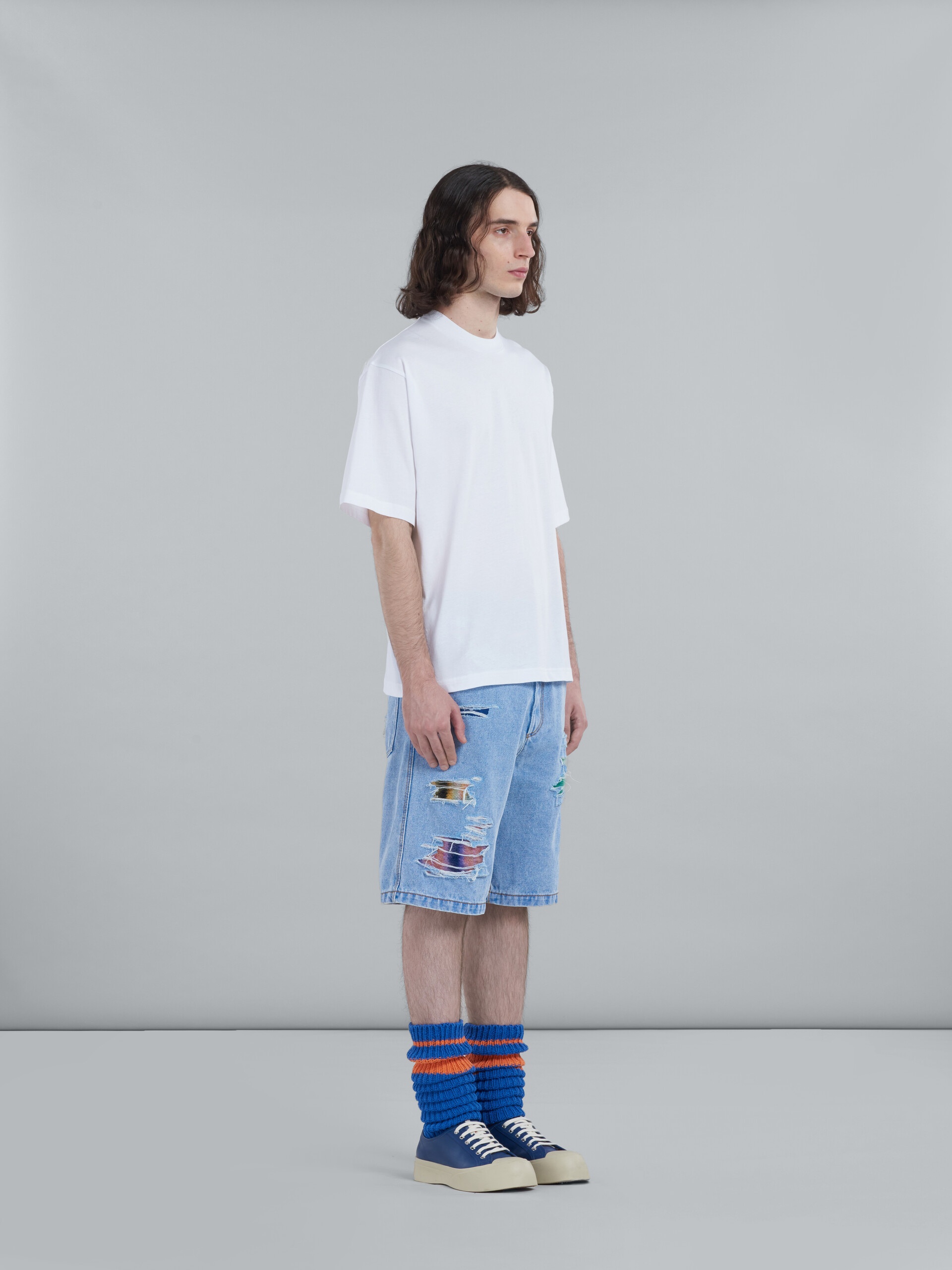 SHORTS IN COATED BLUE DENIM AND MOHAIR - 5