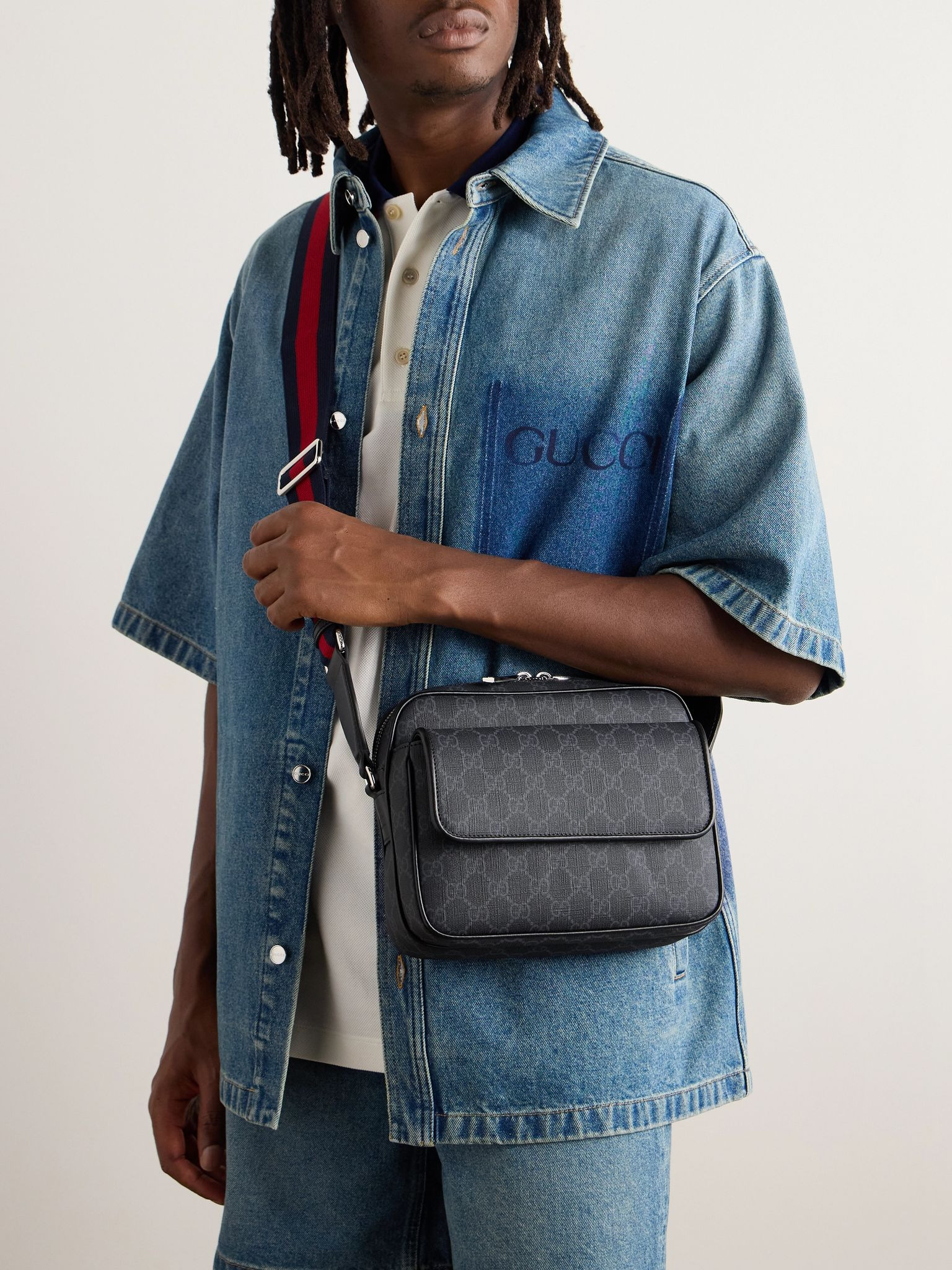 Small Leather-Trimmed Monogrammed Coated-Canvas Messenger Bag Black - 2