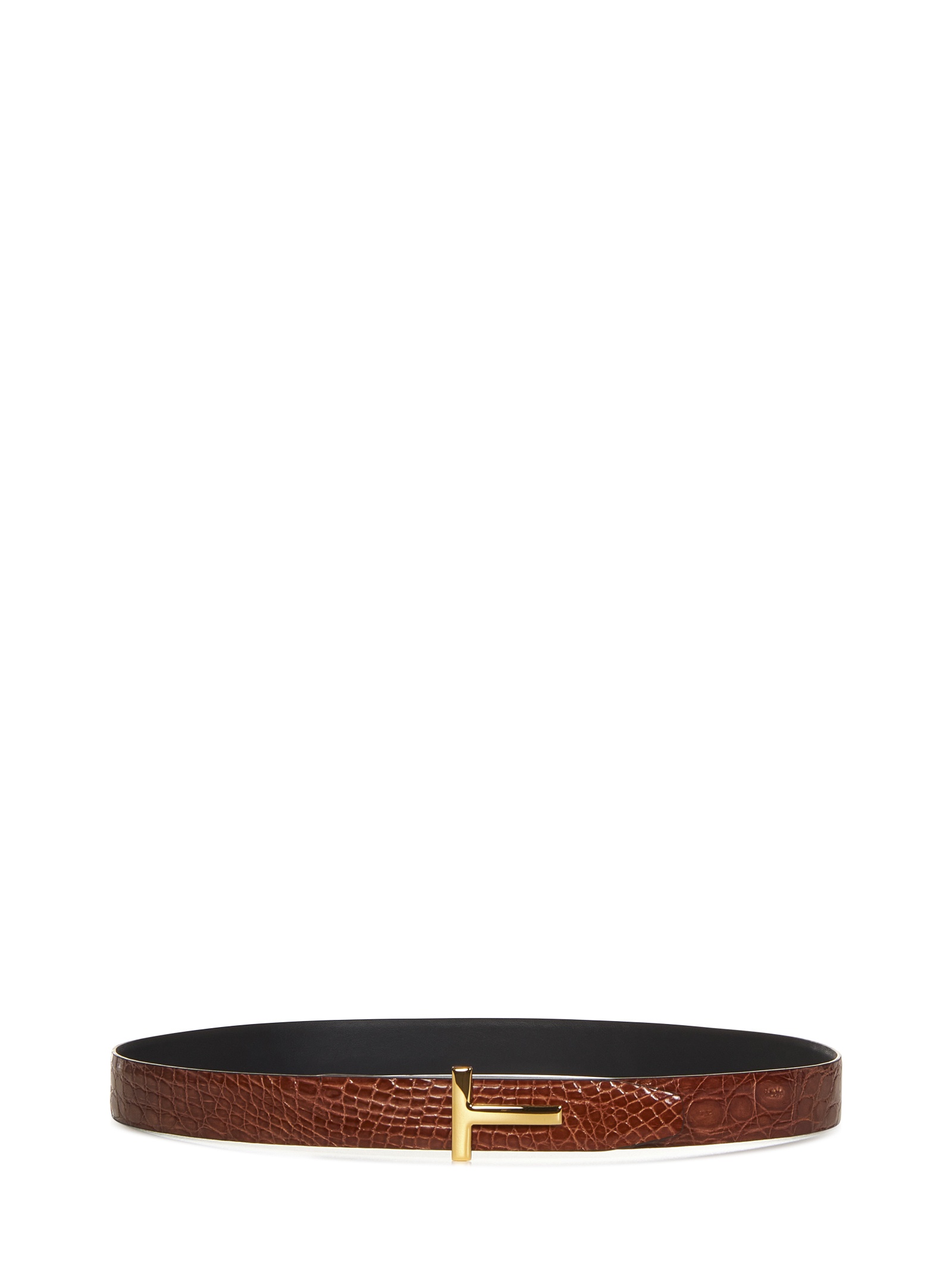 Reversible belt in tan caiman leather and black smooth leather with T-buckle. - 1
