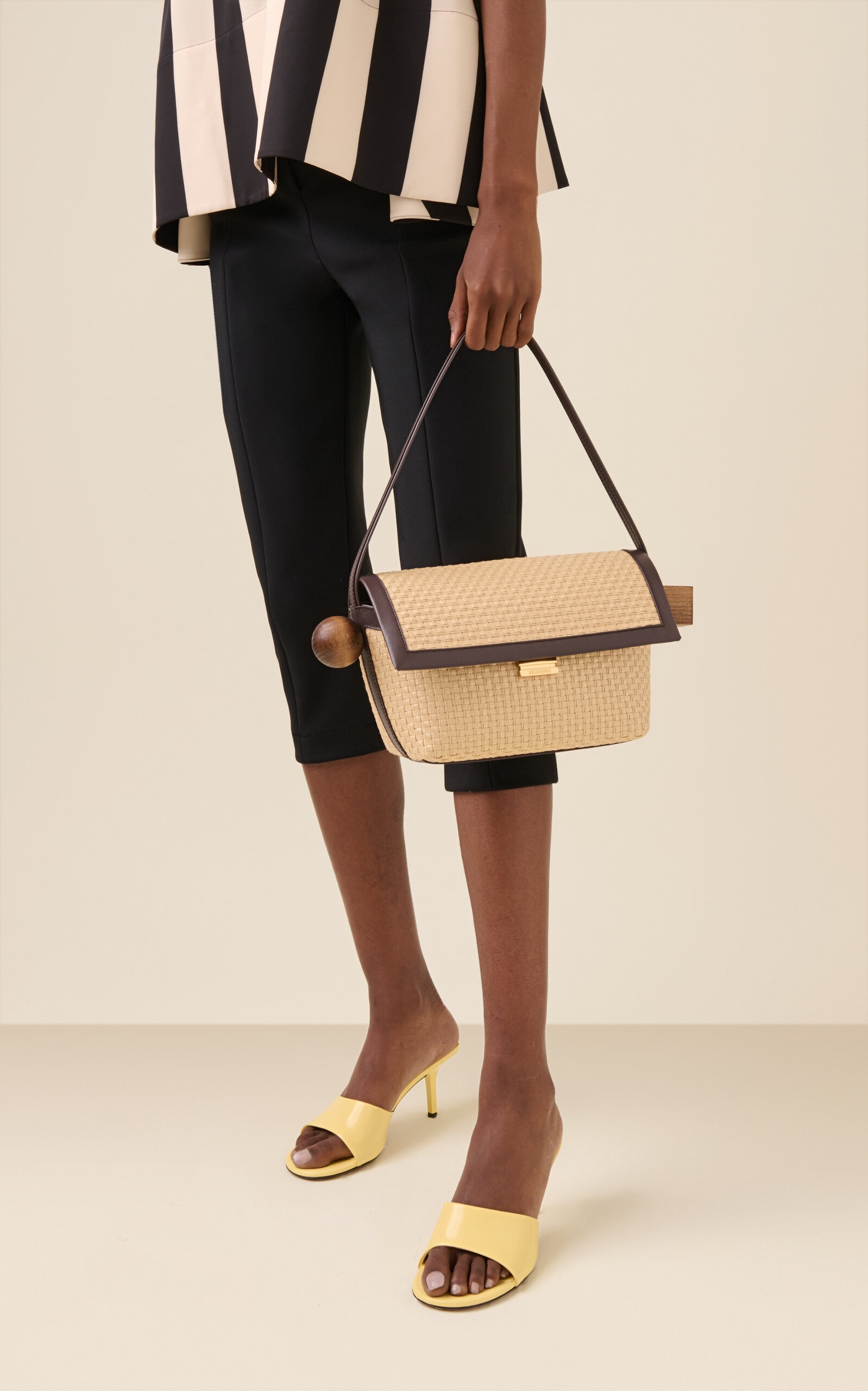 The Rond Carré Leather-Trimmed Woven Canvas Bag neutral - 2