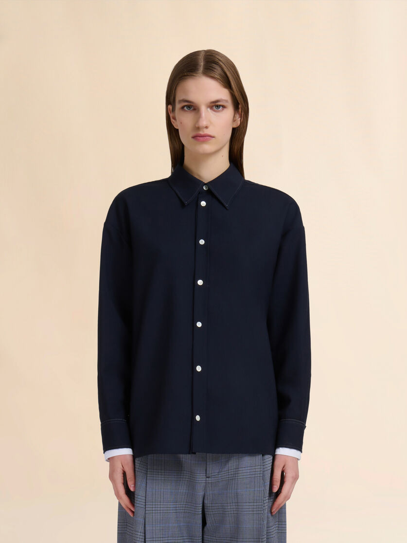 BLACK TROPICAL WOOL SHIRT WITH DOUBLE CUFFS - 2