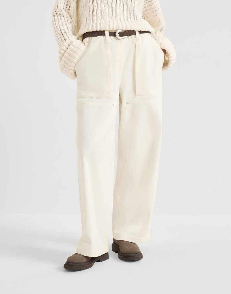 Dyed cotton and wool wrinkled denim utility track trousers with monili 1