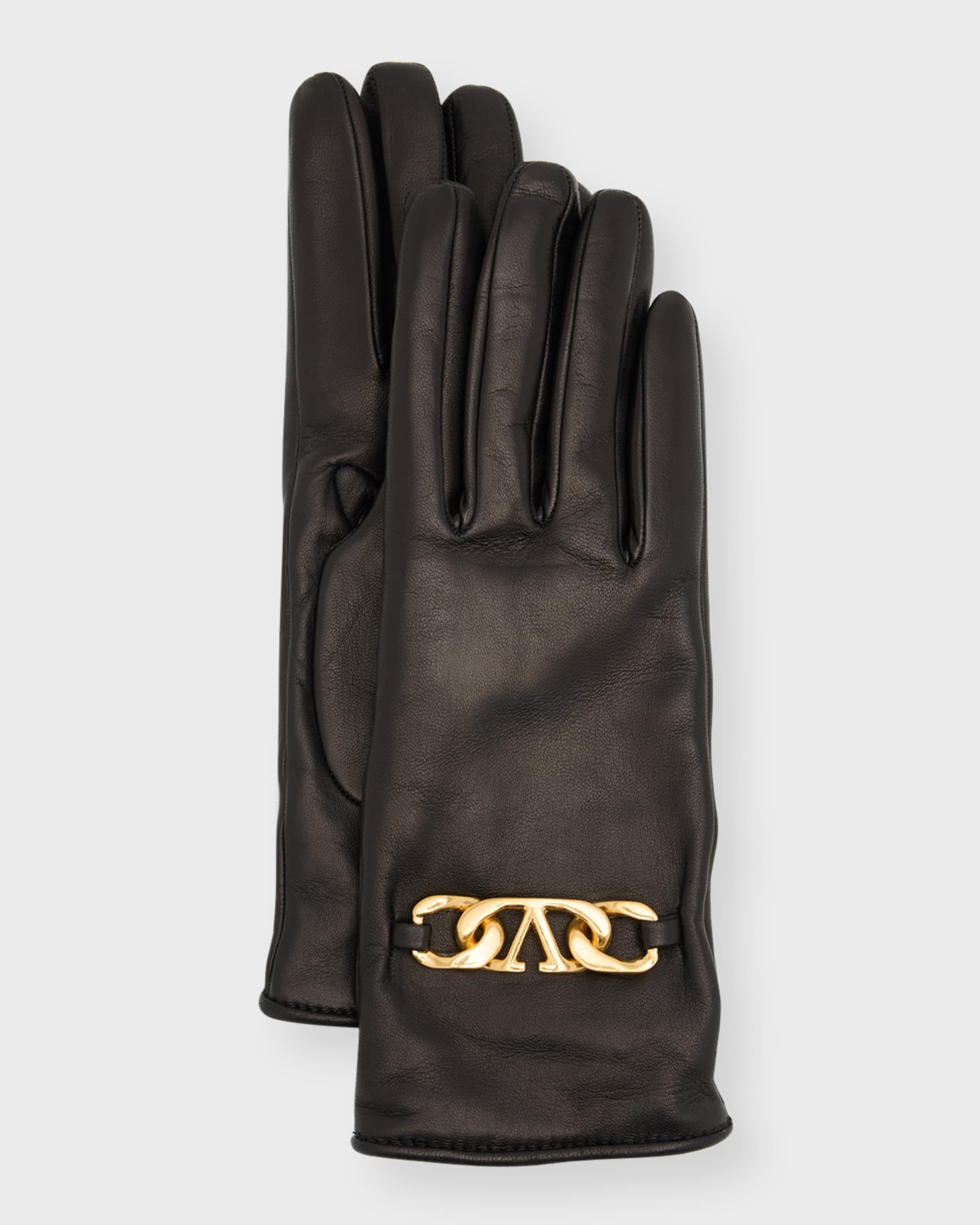 V-Logo Chain Leather & Cashmere Gloves - 1