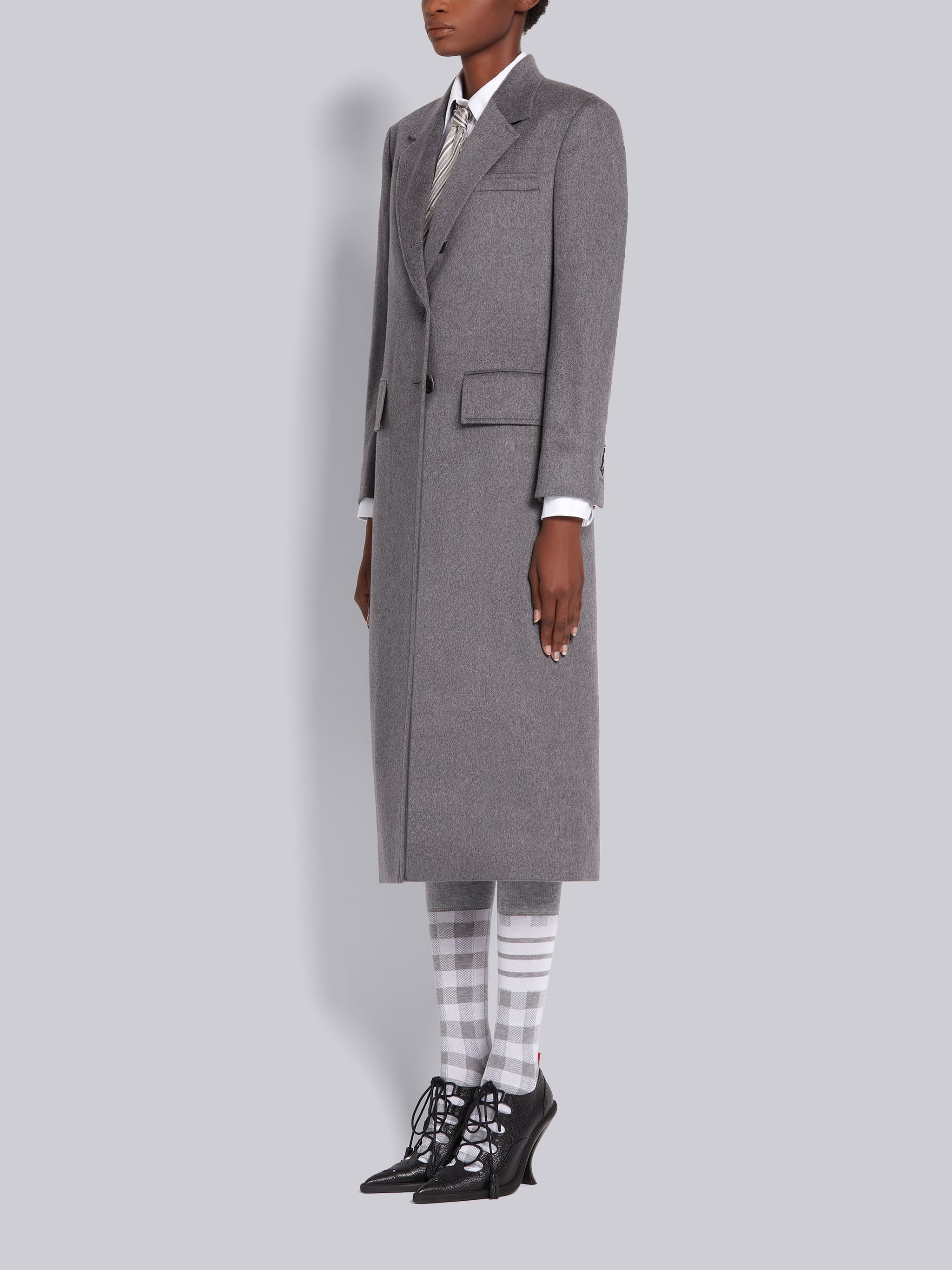 Medium Grey Cashmere Wide Lapel Overcoat - 2