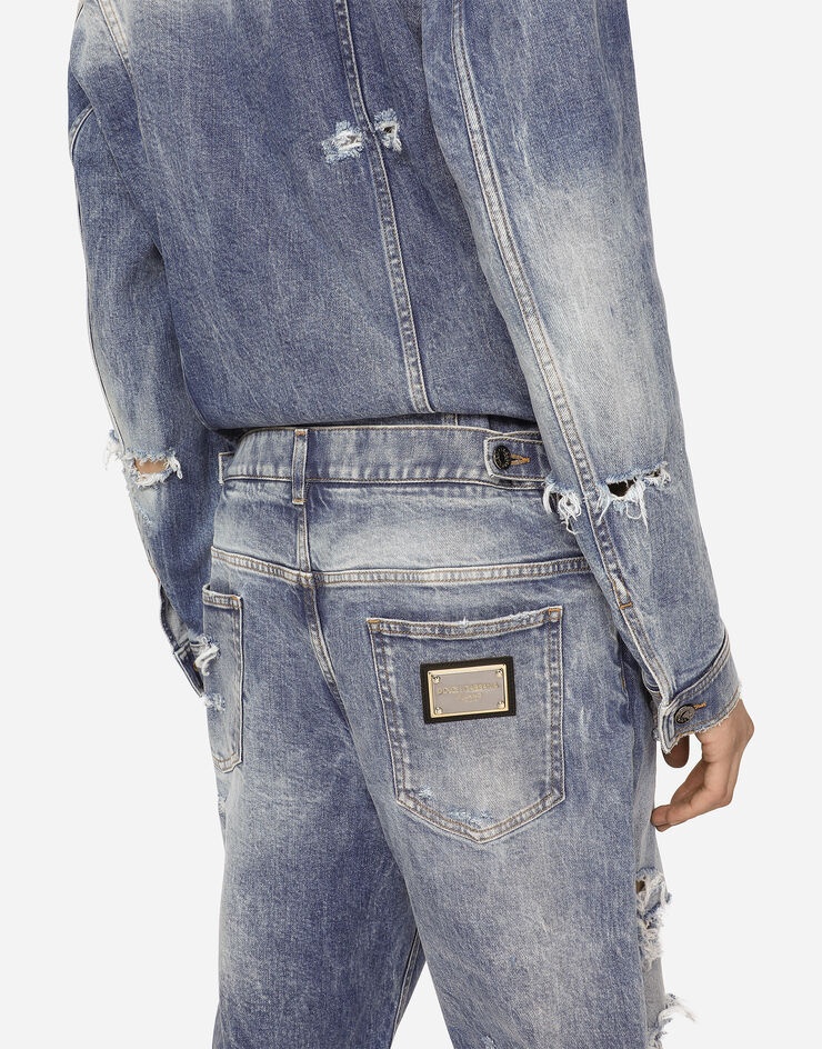 Light blue mixed-denim jumpsuit with rips - 5