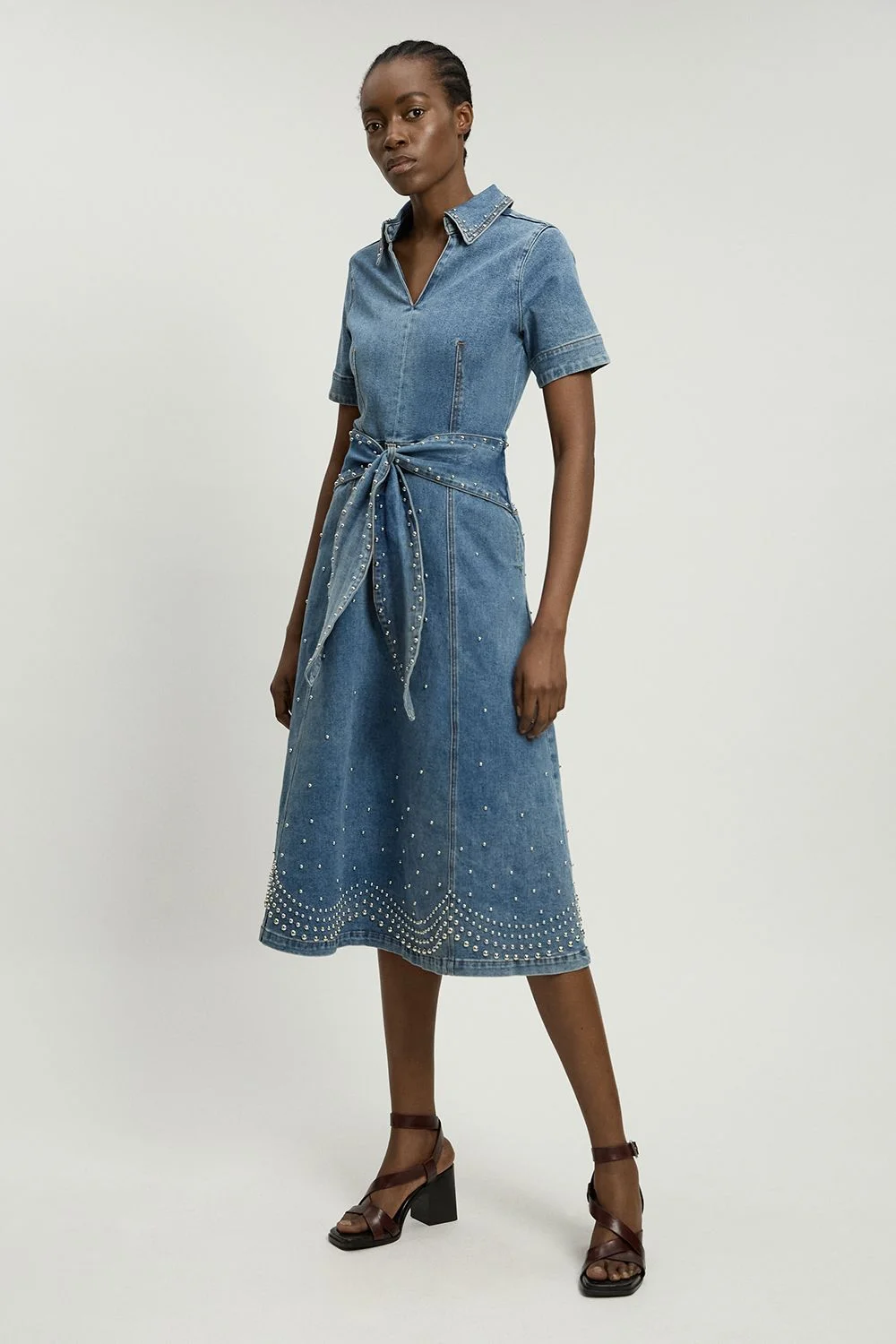 Denim Placed Studs Tie Belted Short Sleeve Full Midi Dress - 1