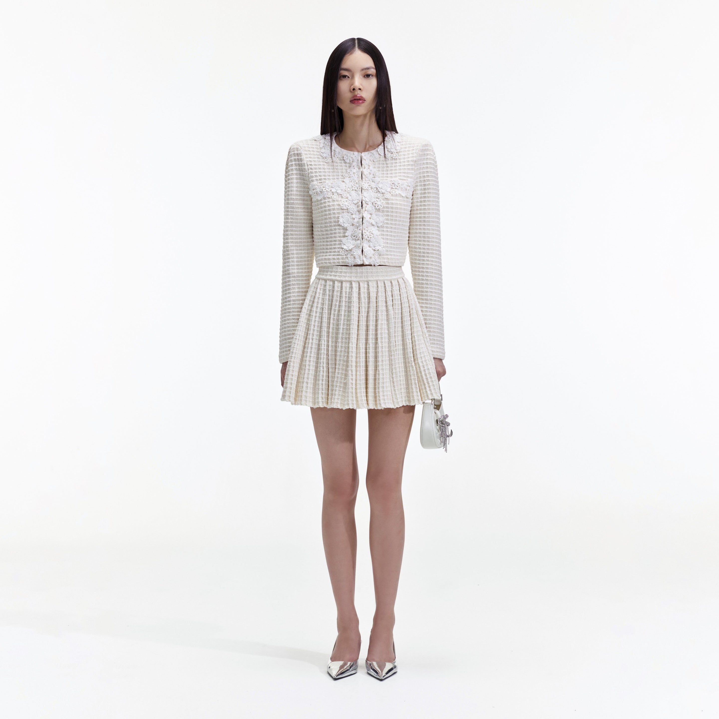 Cream Knit Floral Trim Cardigan - 1