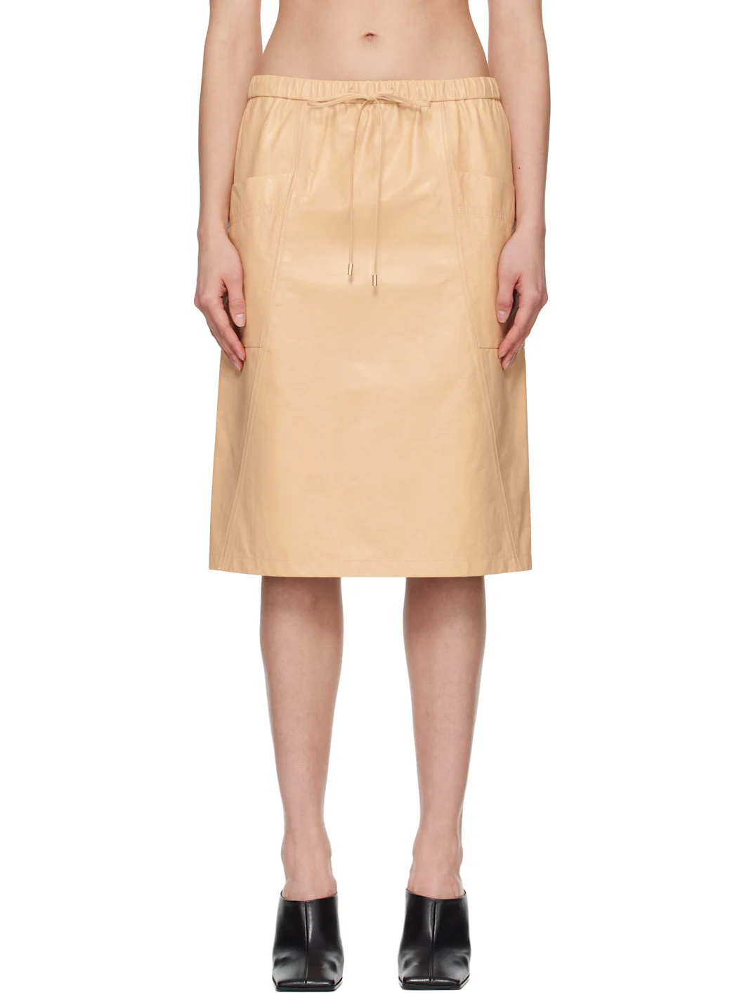 Beige Pencil Calfskin Midi Skirt - 1