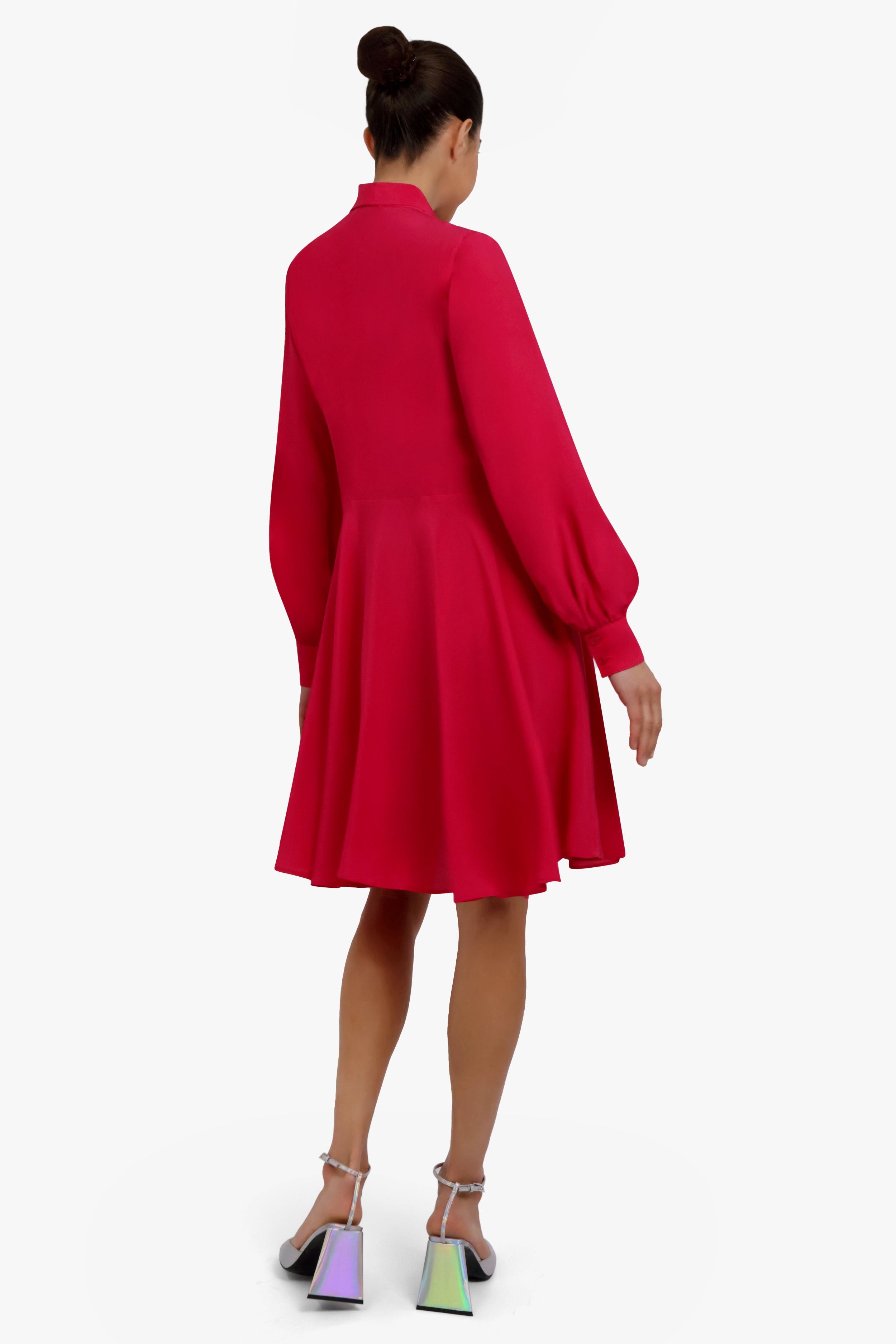 MIDI CREPE DE CHINE NECK TIE DRESS | FUSCHIA - 4