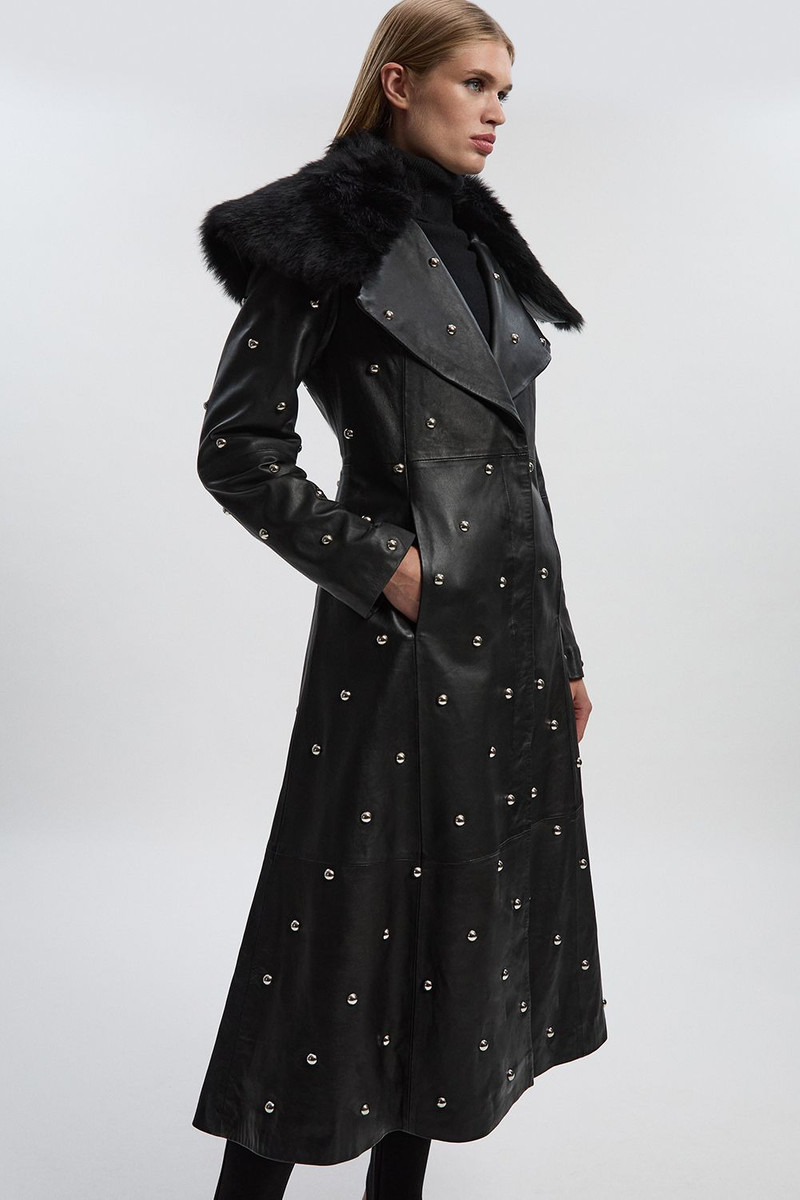 KAREN MILLEN Leather & Shearling Collar Studded Belted Maxi Coat outlook