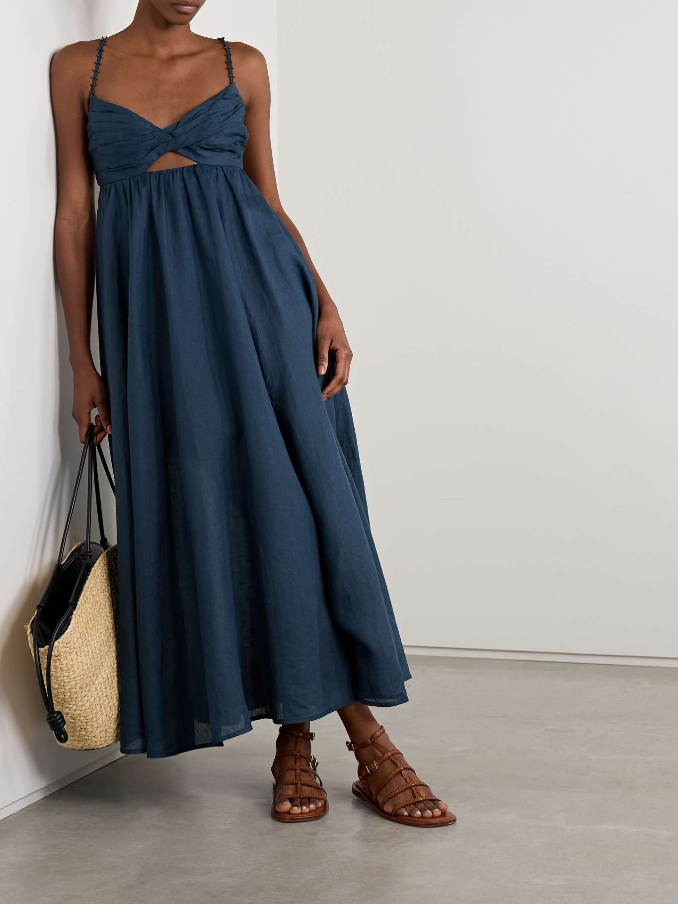 Ascension bead-embellished cutout pleated linen midi dress Navy - 2