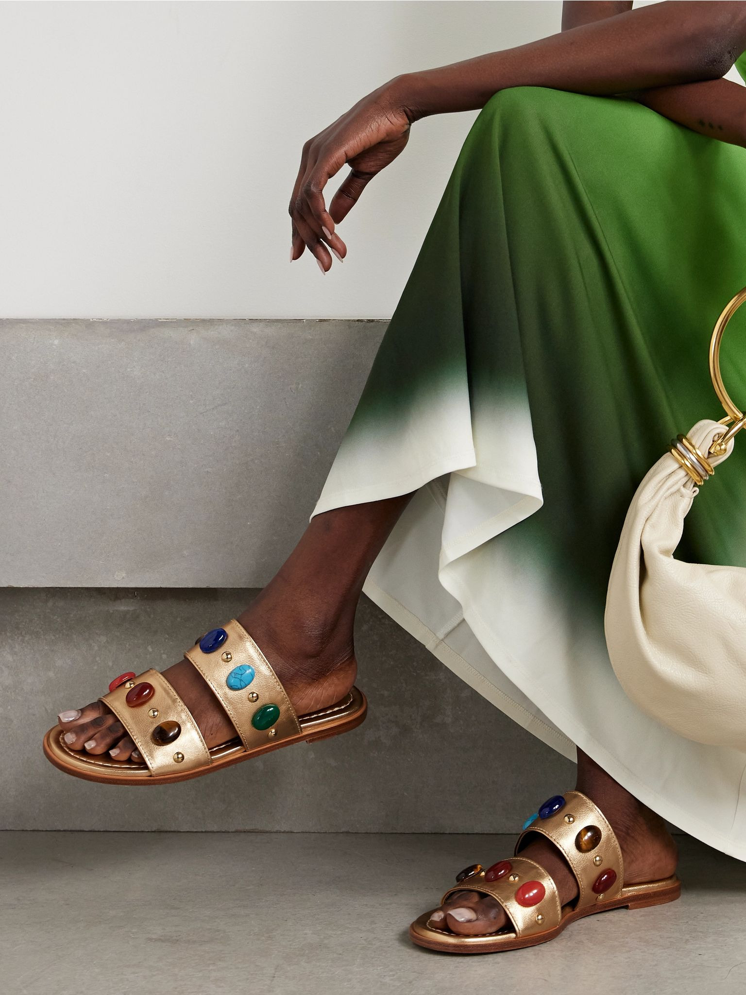 Embellished metallic leather slides Gold - 2