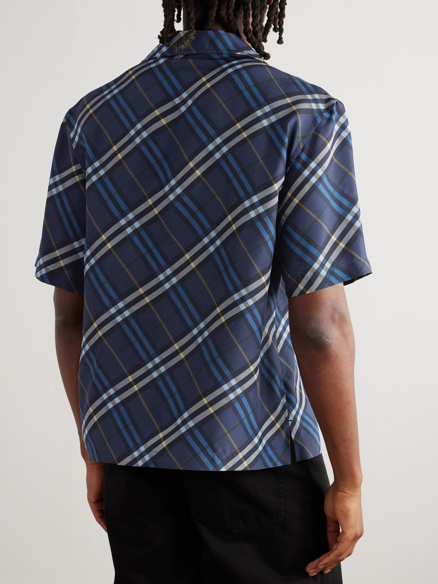 Convertible-Collar Checked Silk Shirt Navy - 3