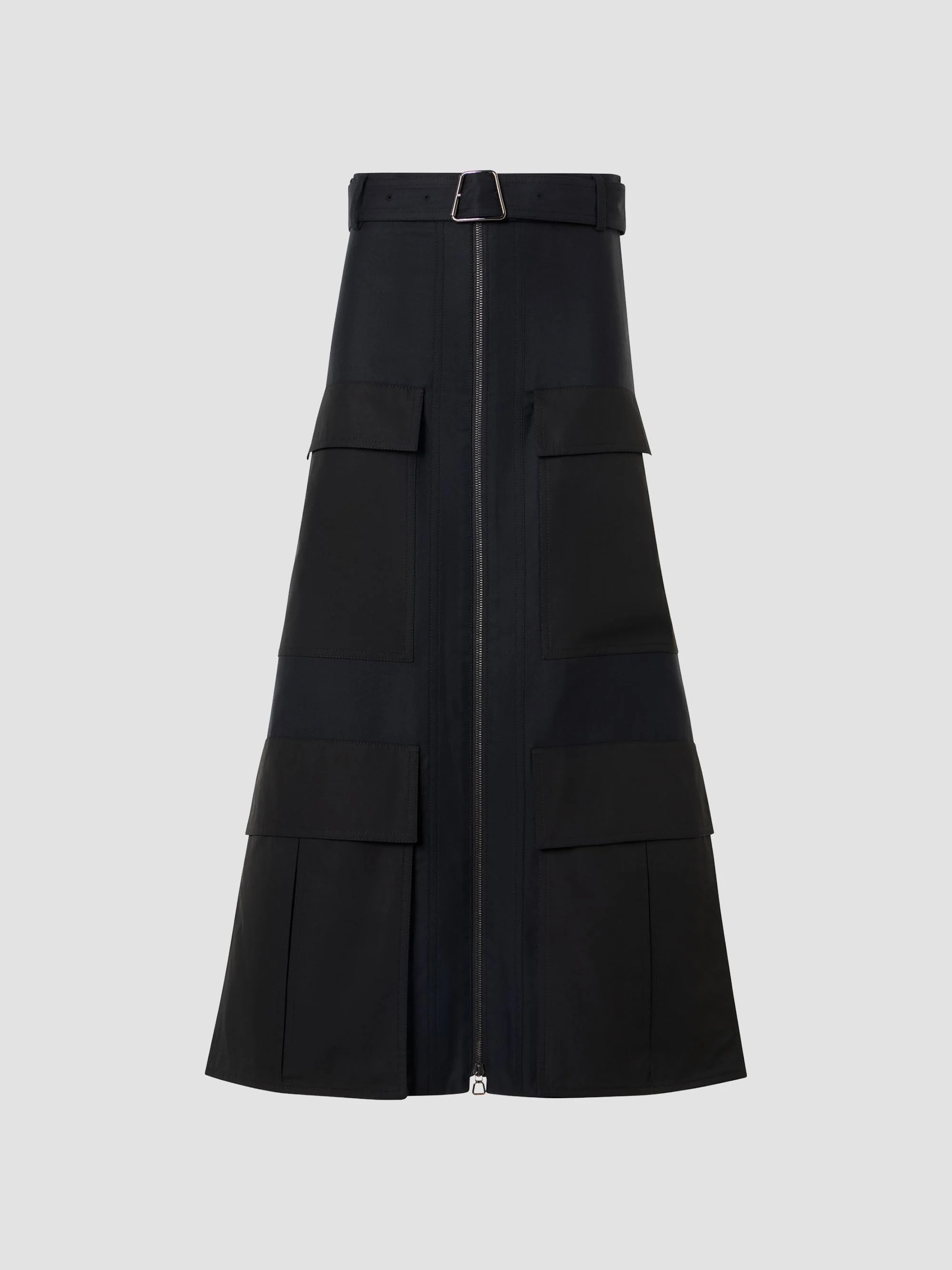 Women's Poplin A-Line Belted Cargo Midi Skirt - Black - 1