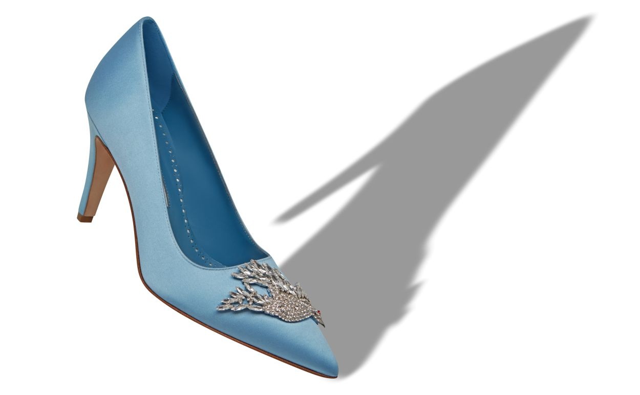 Light Blue Satin Jewel Embellished Pumps - 2