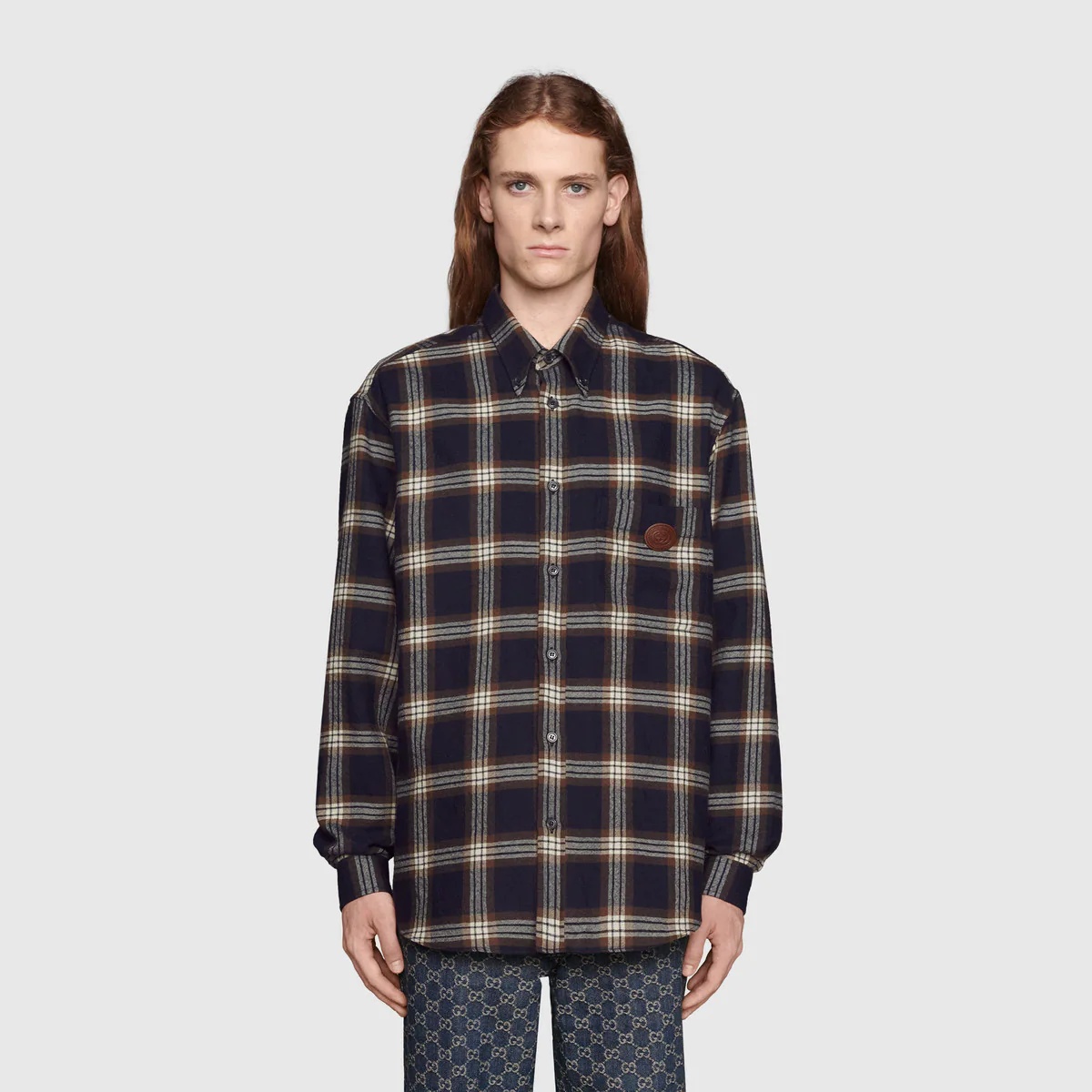 Check wool shirt with Interlocking G - 3