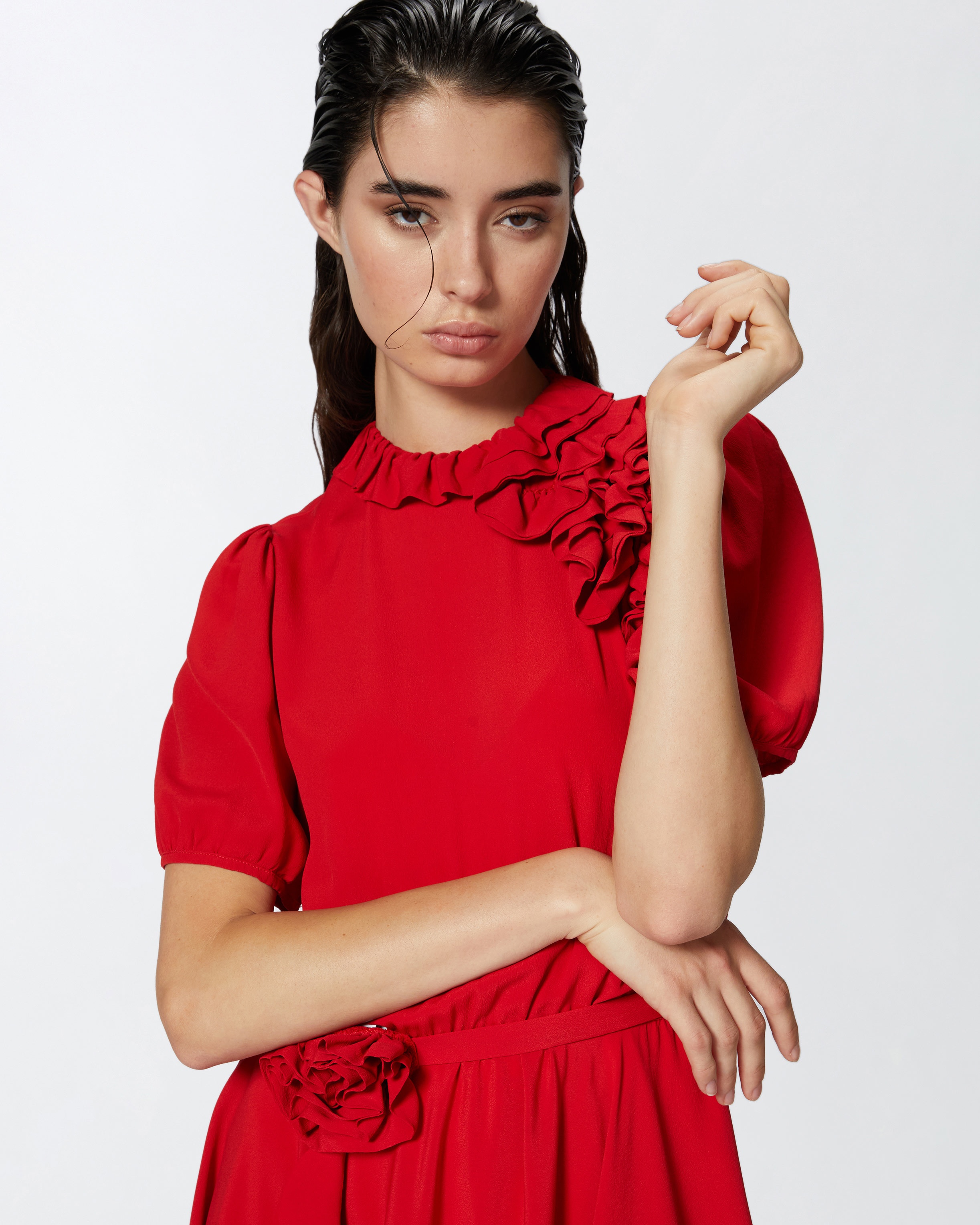 SILK-BLEND MINI DRESS WITH ROSE AND RUFFLES - 5