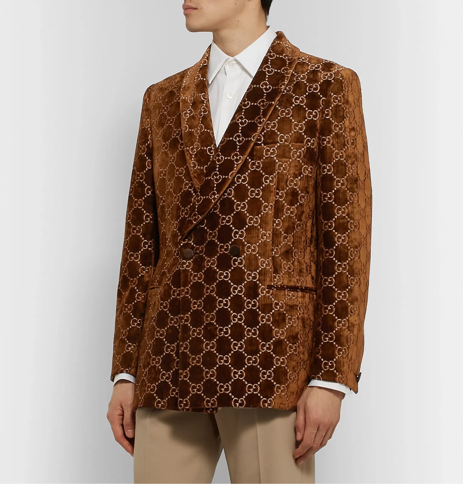 Brown Double-Breasted Logo-Embroidered Velvet Tuxedo Jacket - 4