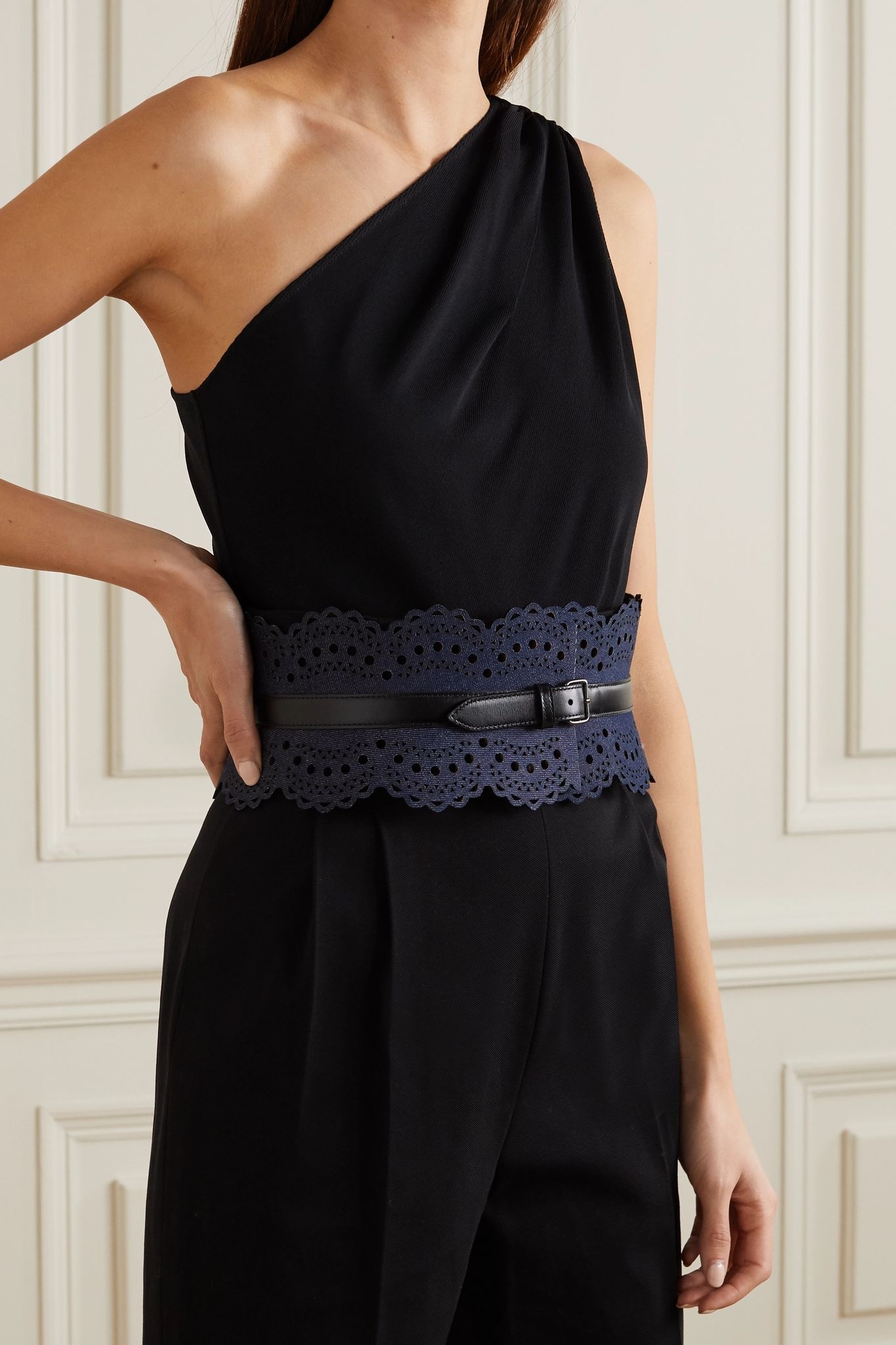 Laser-cut denim and leather waist belt - 2