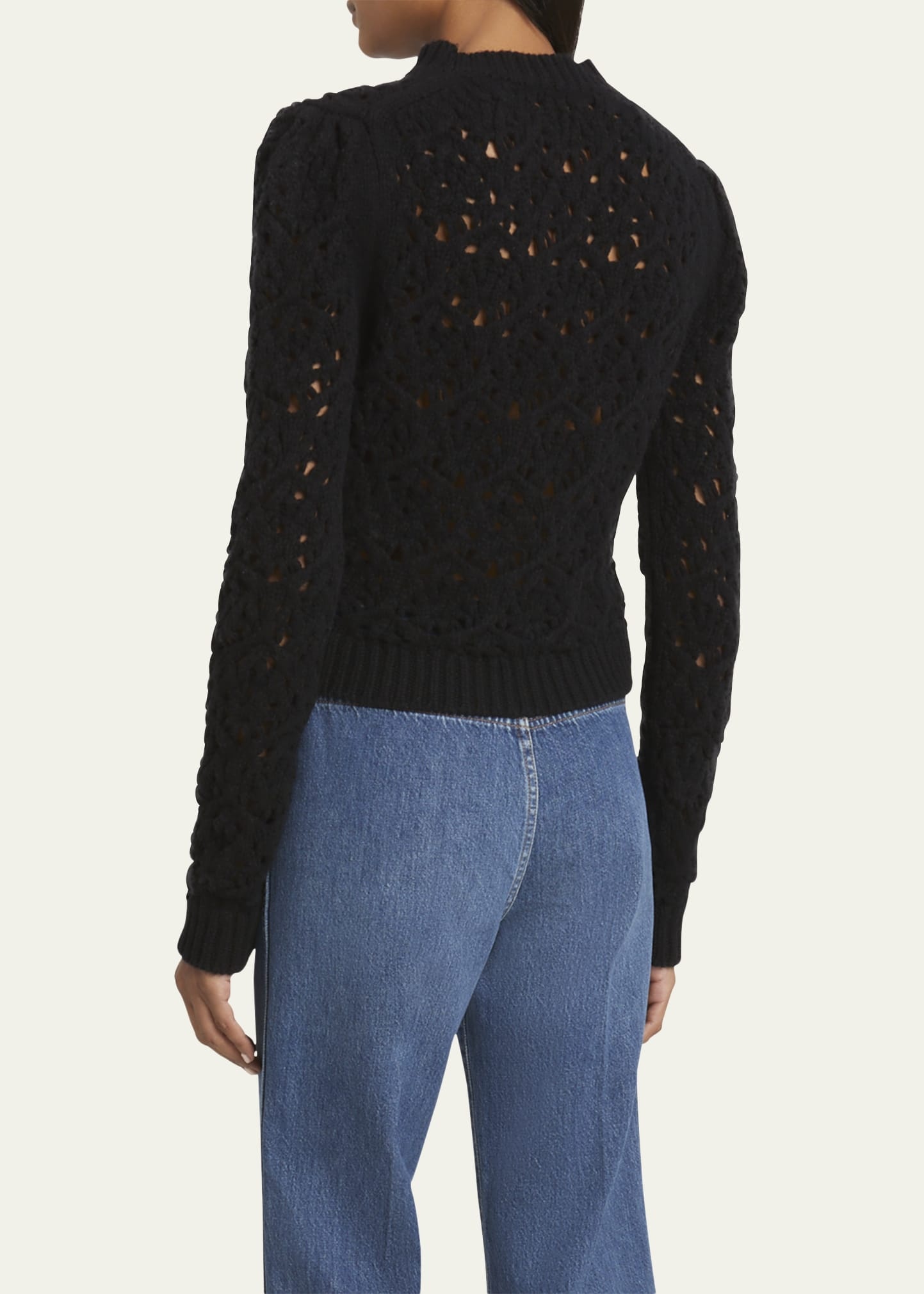 Funnel Neck Chunky Pointelle Wool Sweater - 3