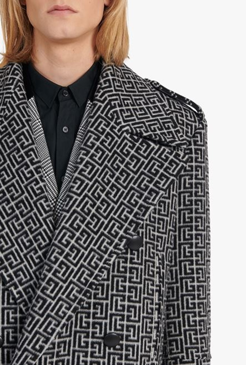 Long ivory and black Balmain monogram wool coat 6