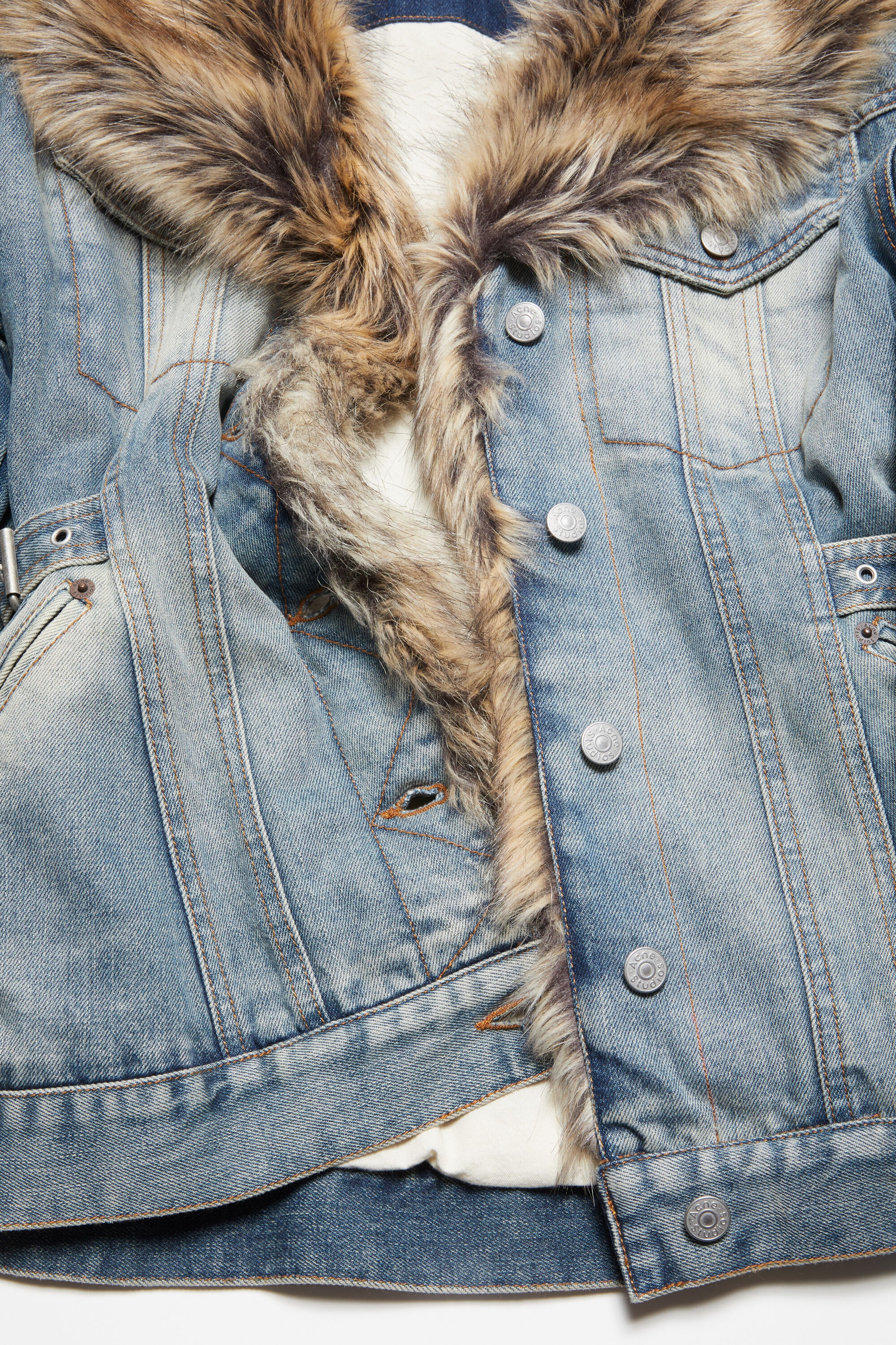 Furry trim denim jacket - Mid Blue - 6