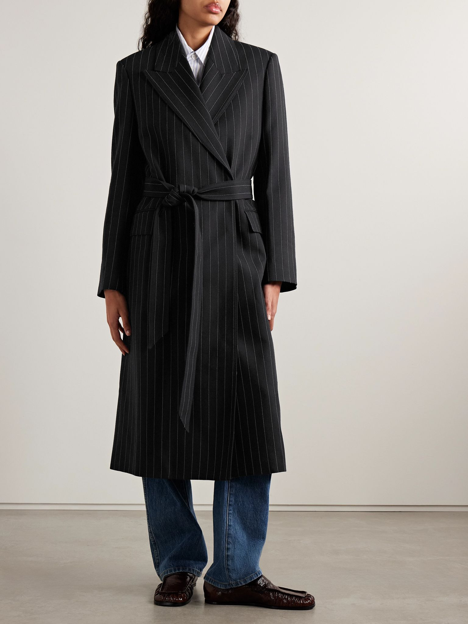 Belted pinstriped wool coat Black - 3