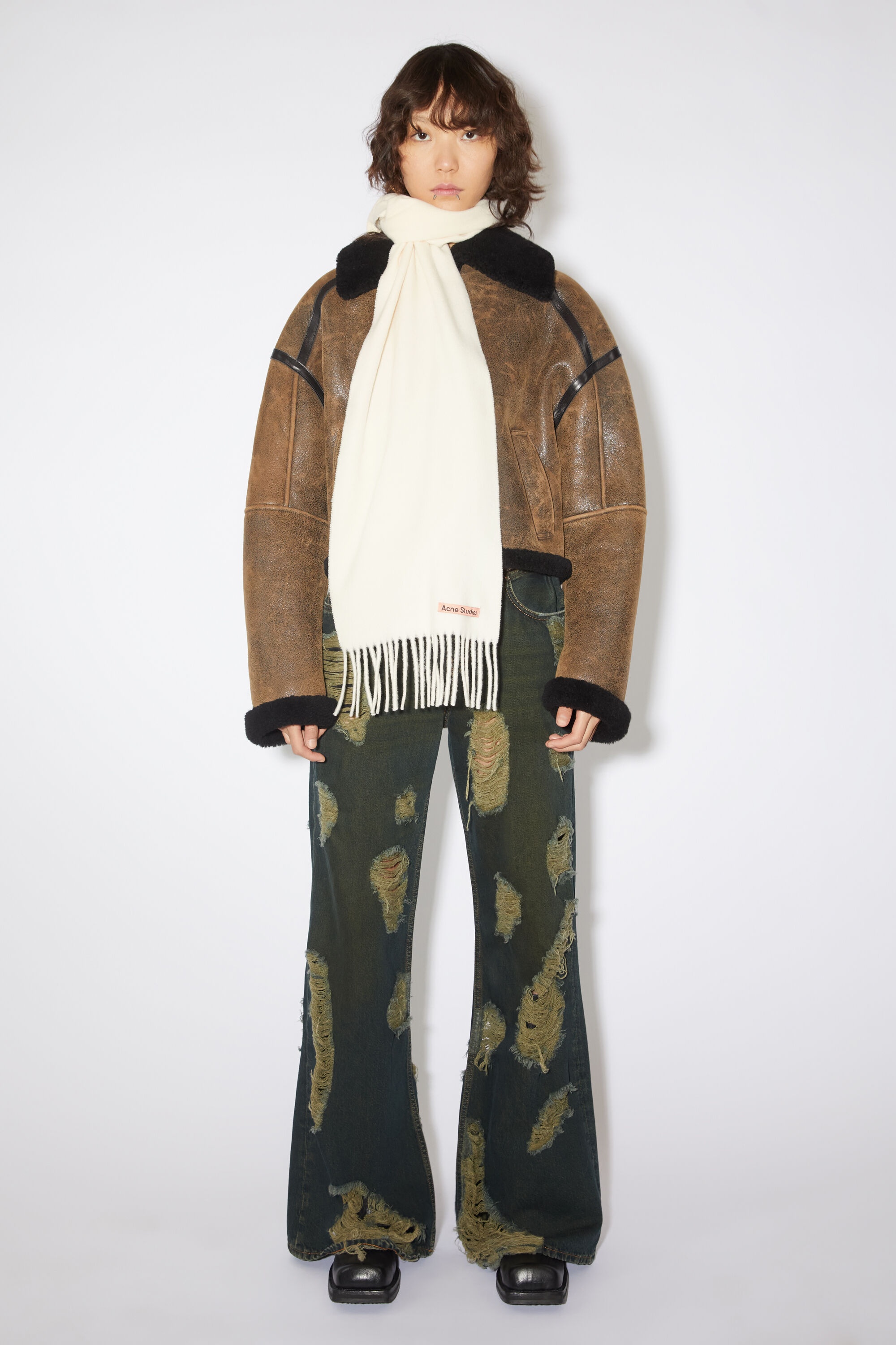Fringe wool scarf - skinny - Warm white - 2