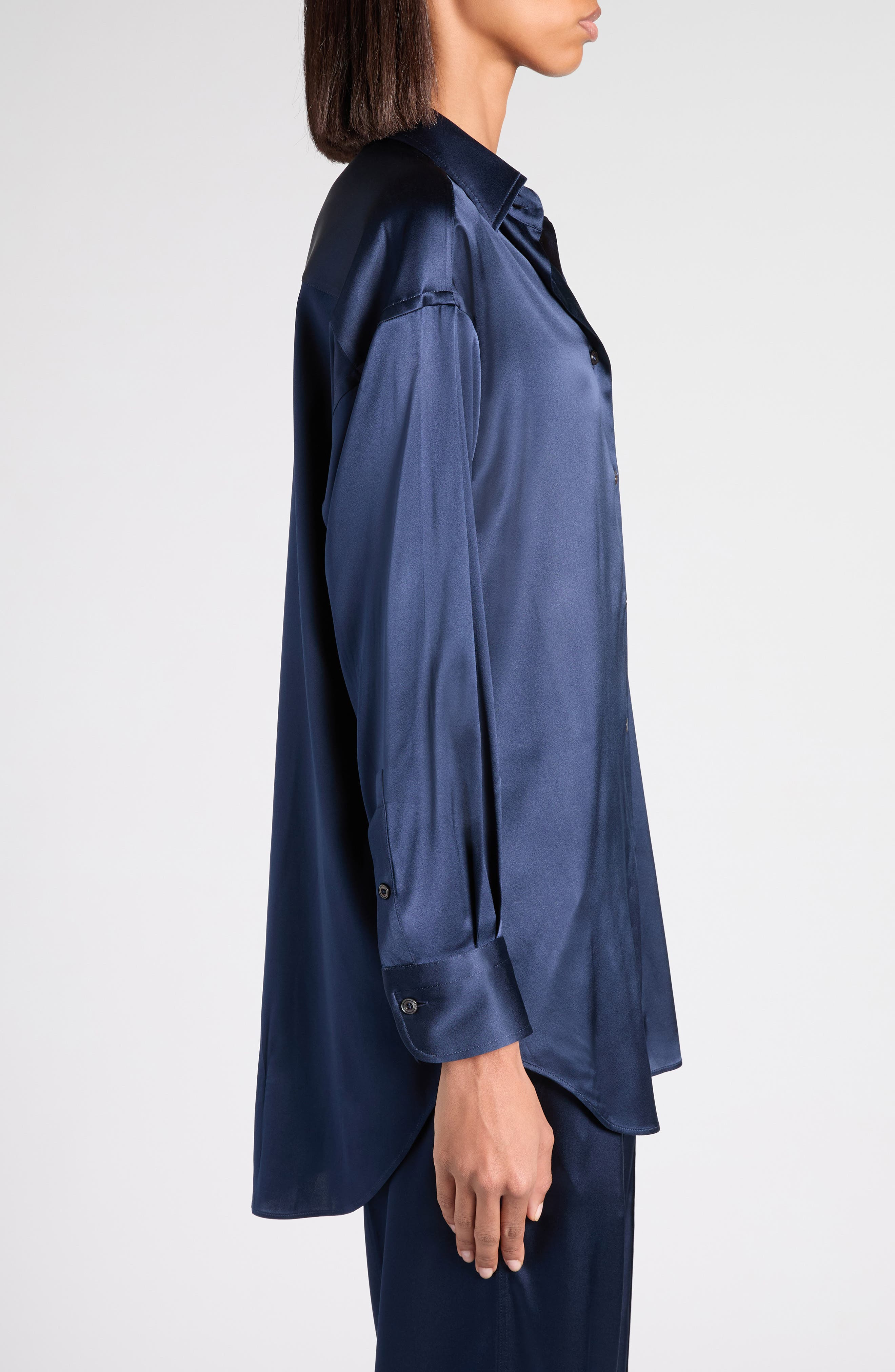 TOM FORD Relaxed Fit Stretch Silk Satin Blouse in Hb840 Dark Navy at Nordstrom - 4