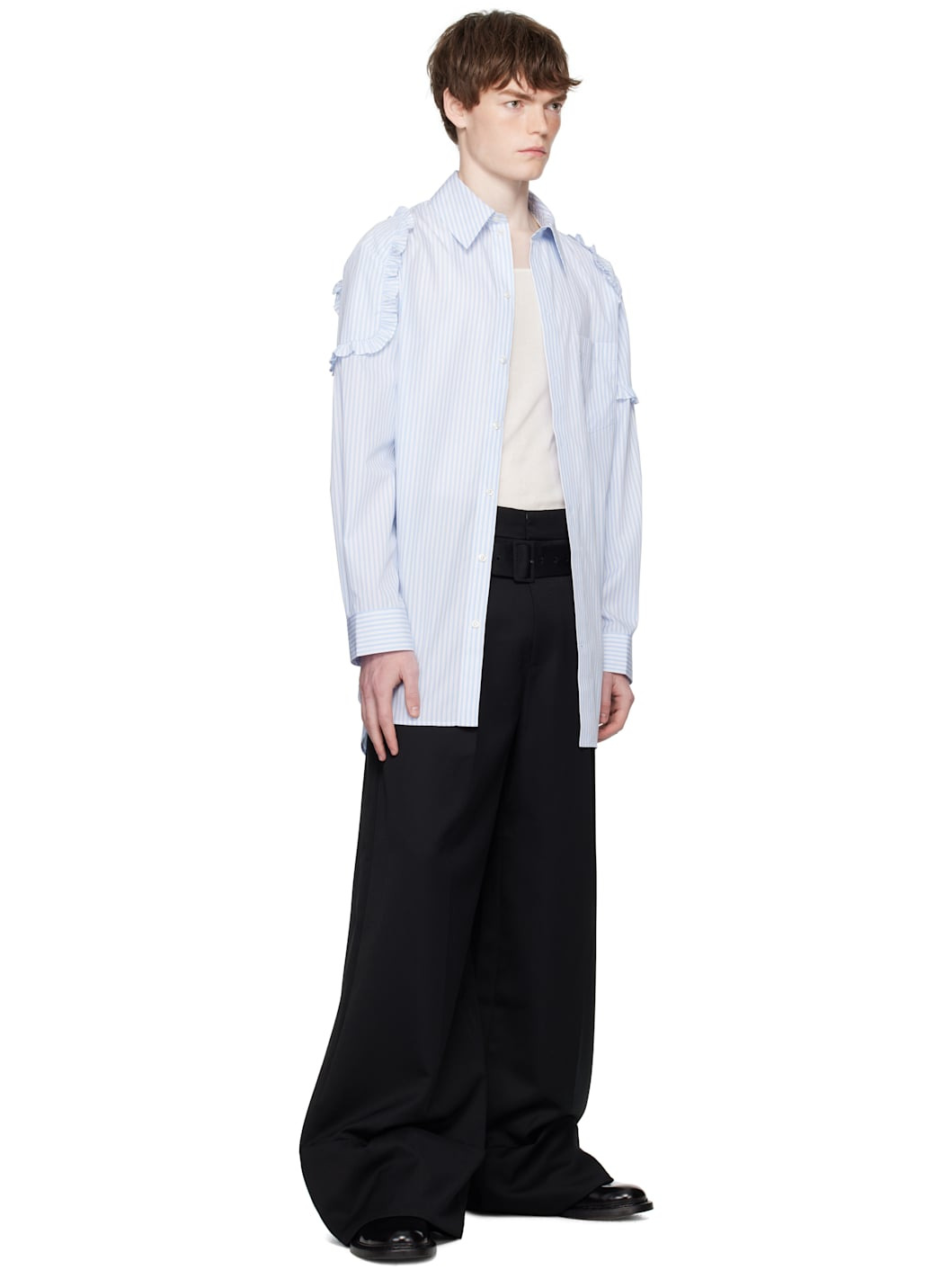 White & Blue Ruffle Shoulder Patch Tunic Shirt - 4