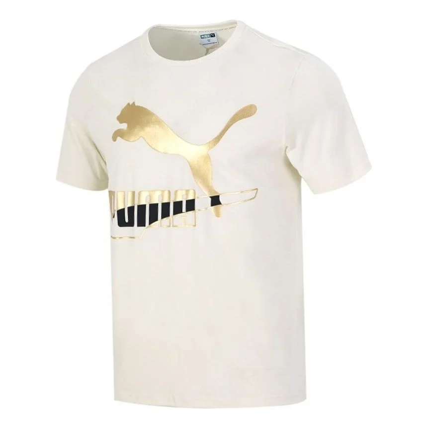 PUMA Bronzing Logo Printing Sports Round Neck Short Sleeve Creamy White 534147-73 - 1