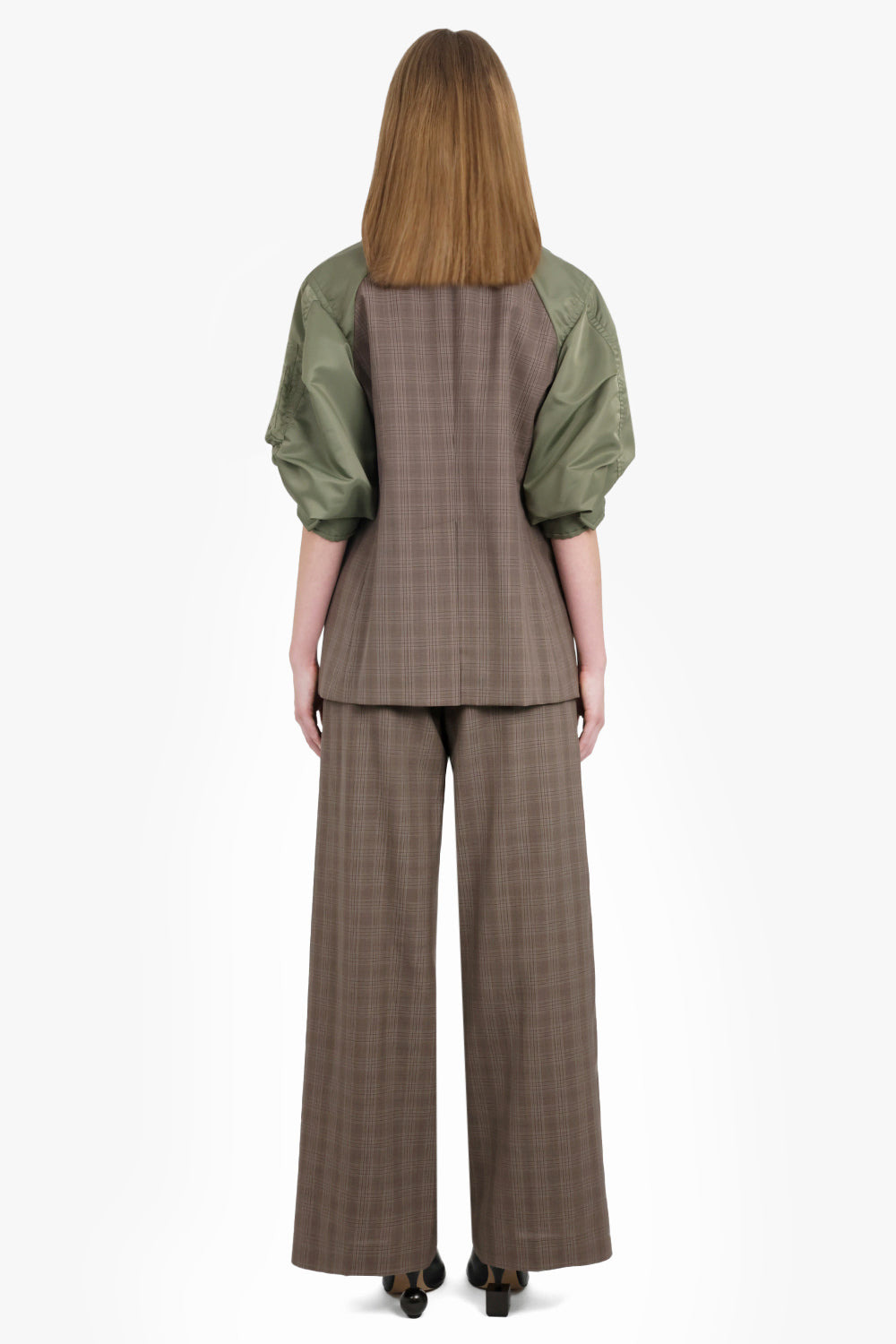 CONTRAST BALLOON S/S DOUBLE BREASTED CHECK JACKET | BROWN/GREEN - 5