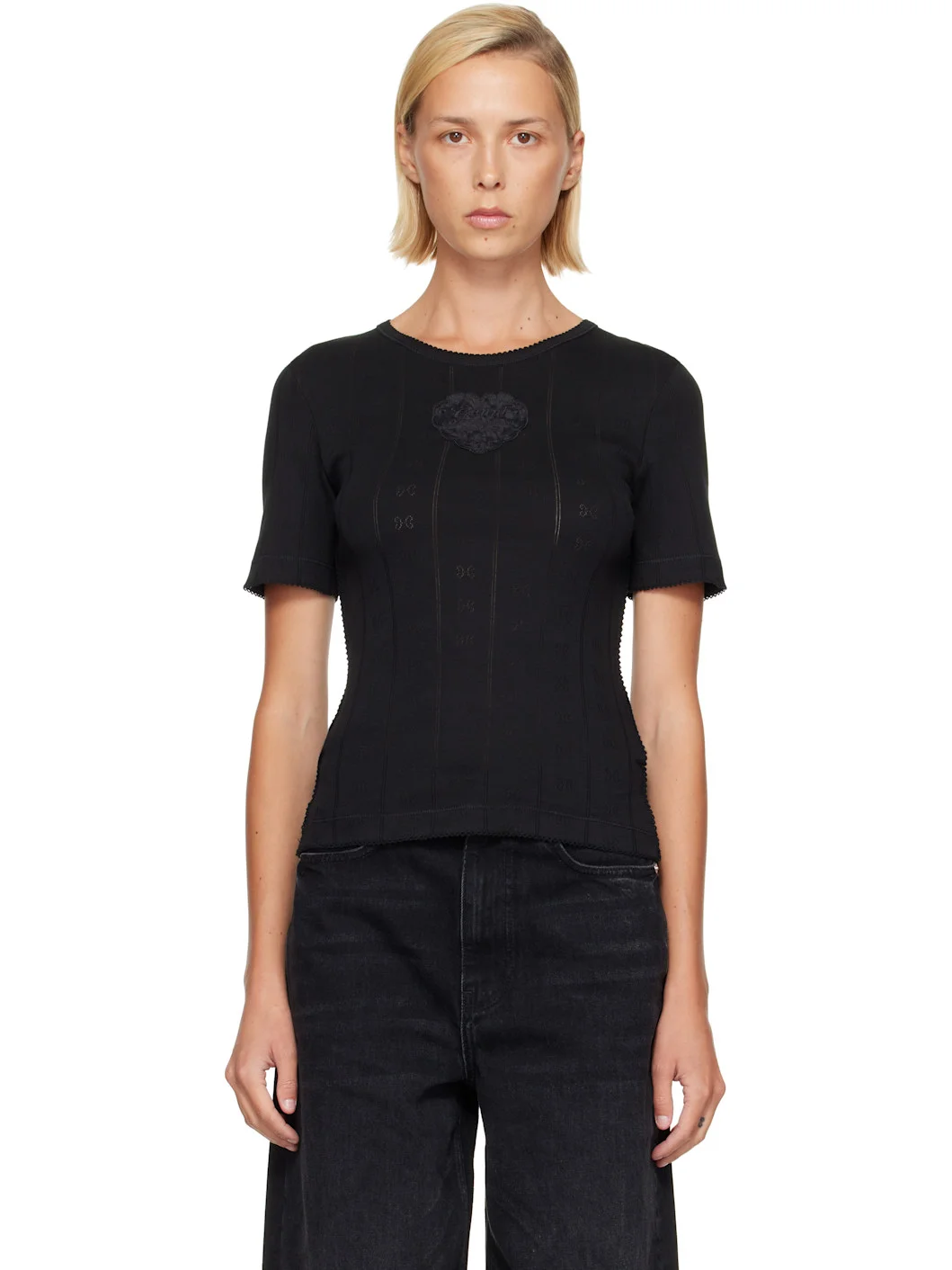 Black Pointelle Rib T-shirt - 1
