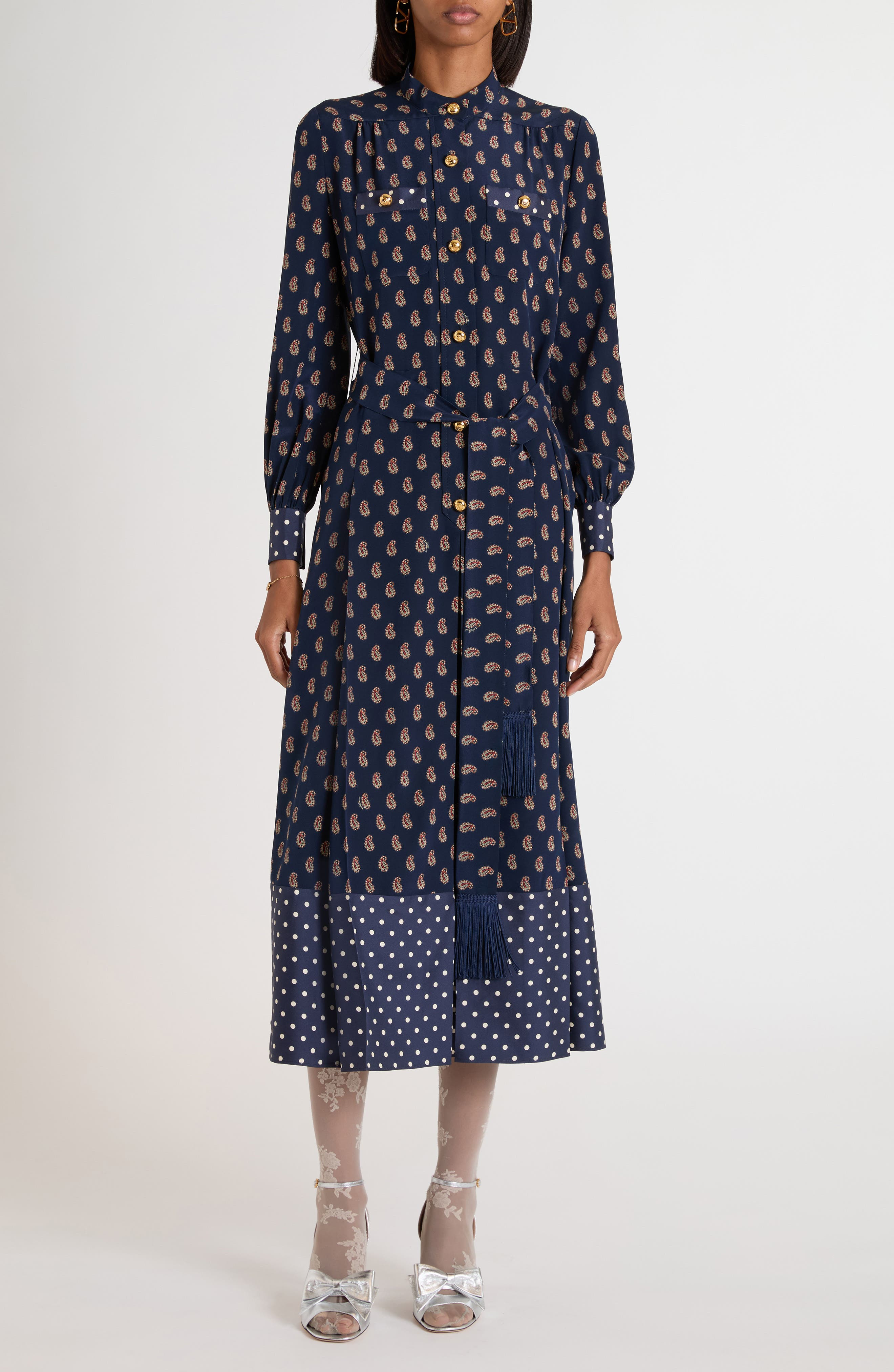 Valentino Garavani Paisley Print Long Sleeve Crêpe de Chine Shirtdress in Indigo at Nordstrom - 1